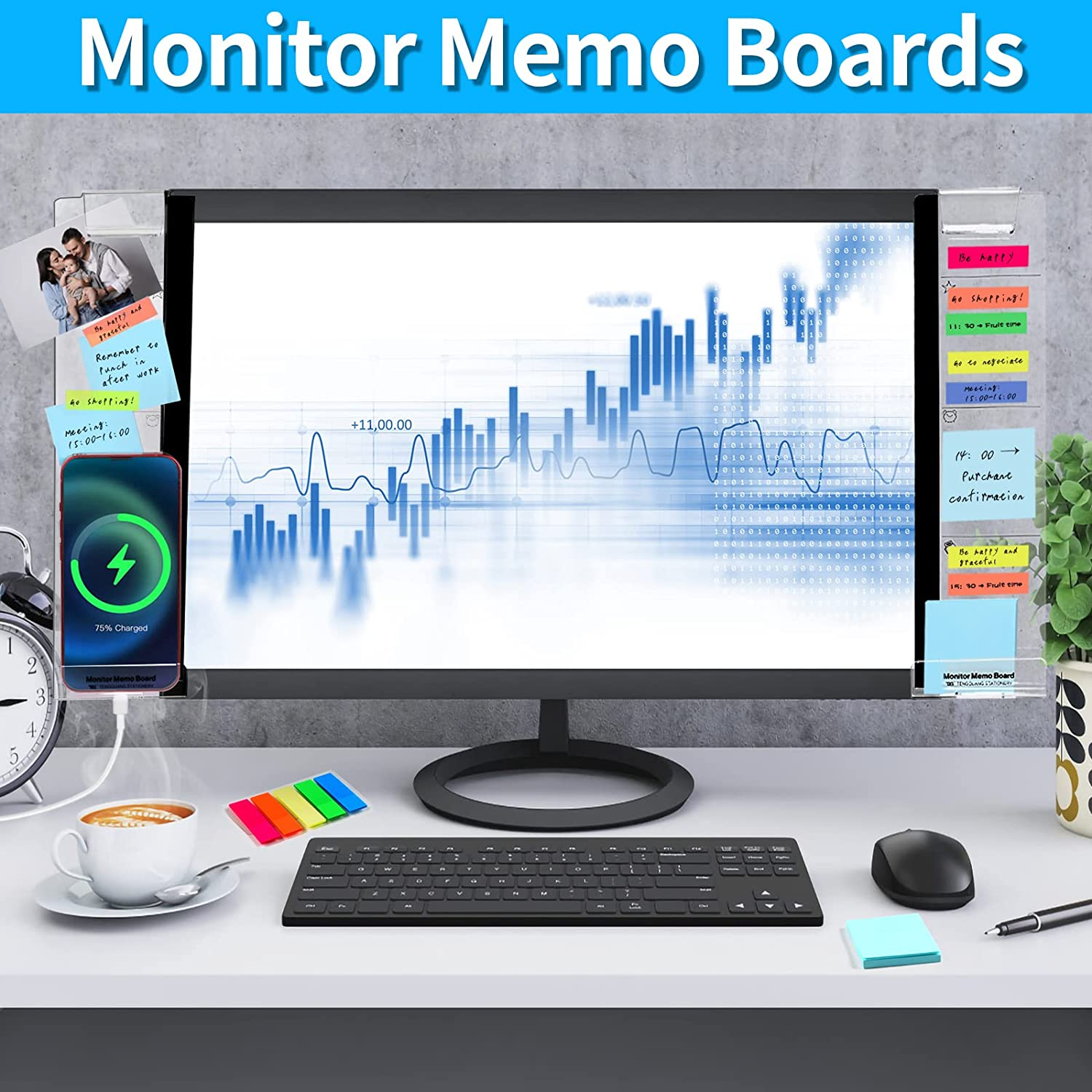 WINKIO Monitor Memo Board, 2-Pack Acrylic Computer Screen Sticky Note Holder with Sticky Notes image number 6