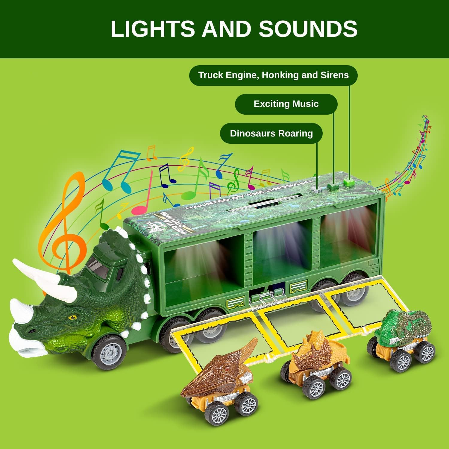CKIKH Dinosaur Truck with 12 Small Dinosaurs and 3 Pull Back Cars Small Cars Set Birthday Toys for 3+ Year Old Boy Transport Carrier Truck for Toddlers over 3 Years (Green) image number 2