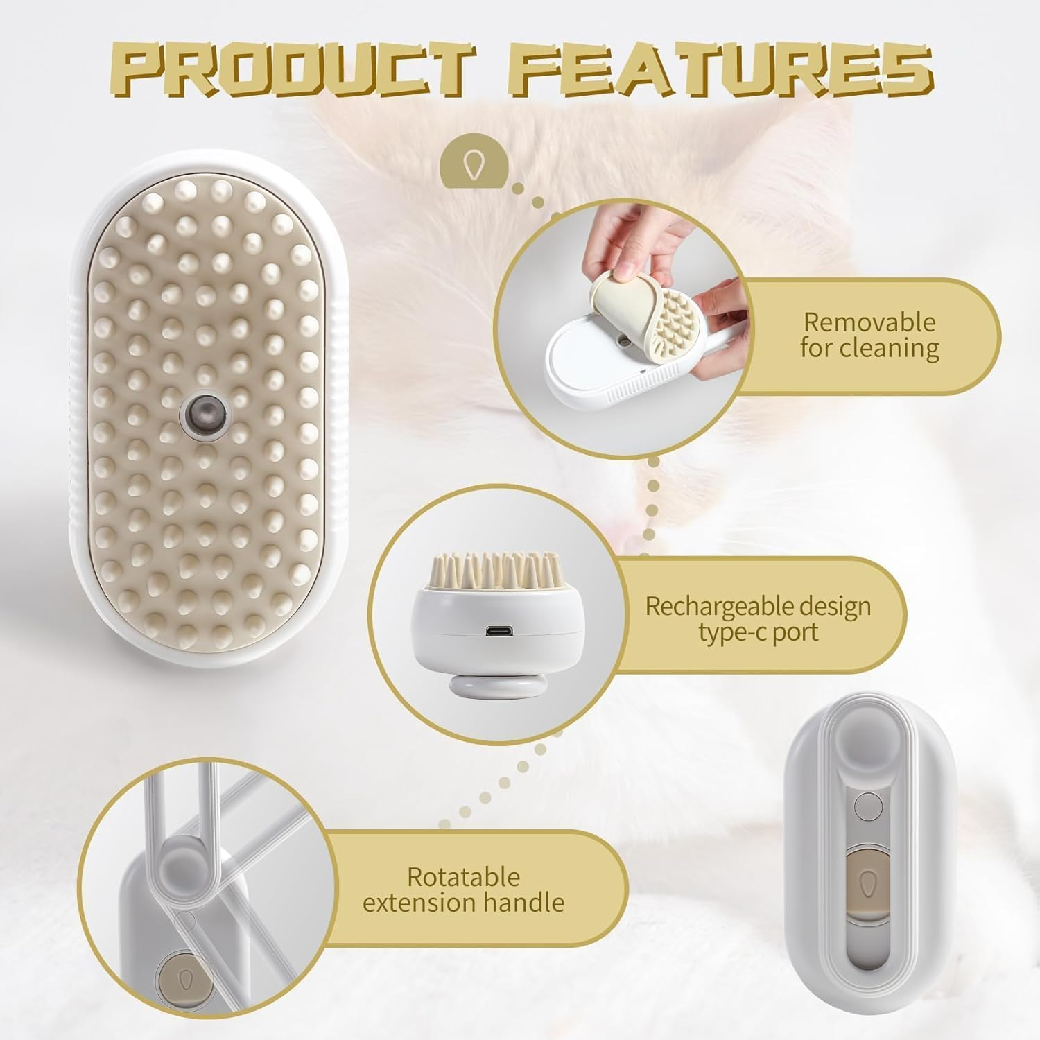 3-In-1 Steamy Cat Brush, Rechargeable Pet Grooming Brush with Cooling Spray, Self-Cleaning Silicone Bristles, and Massage Function for Removing Loose and Tangled Hair, for Cats and Dogs image number 6