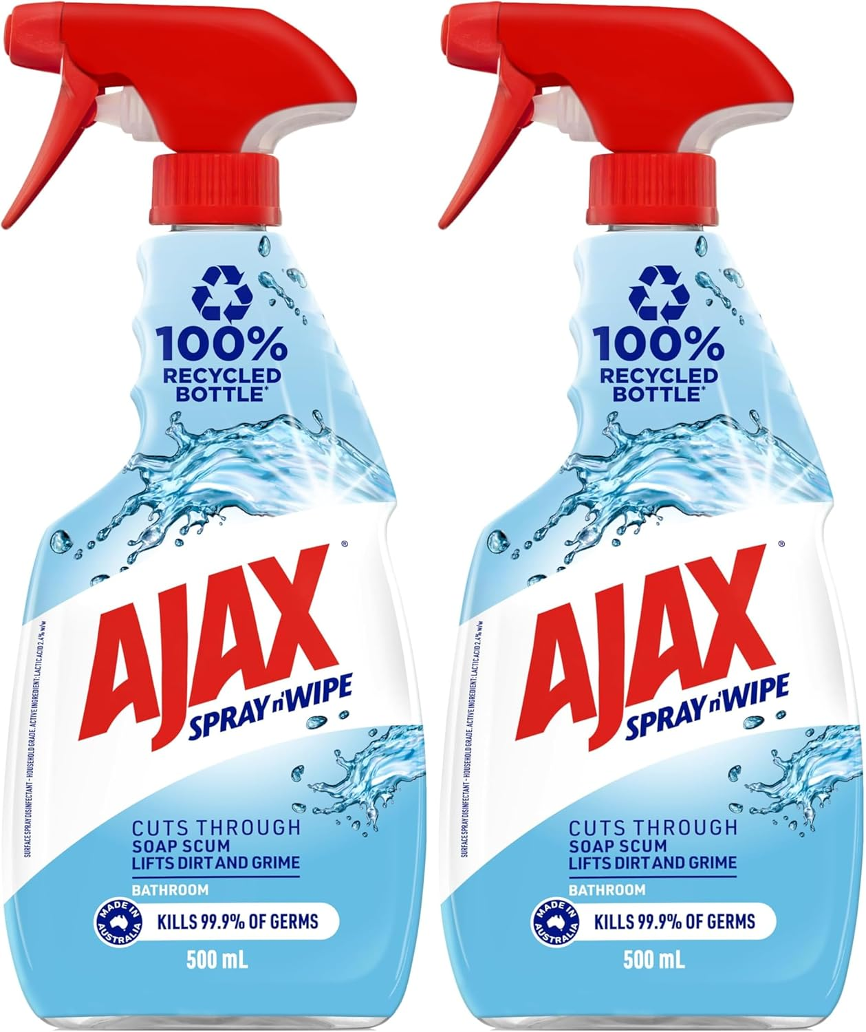 Ajax Spray N' Wipe Bathroom Antibacterial Disinfectant Cleaner Trigger, 500Ml, Fresh Burst Surface Spray, Soap Scum Remover image number 1