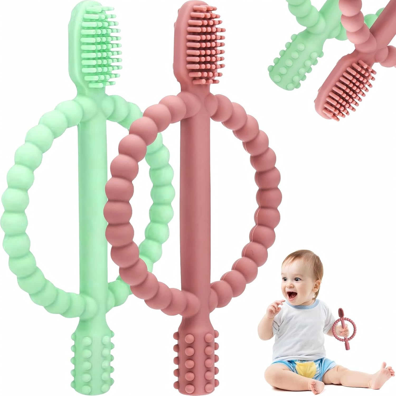 2 Pack Baby Teething Toys, Silicone Infant Toothbrush, Textured on Both Sides Helps Massage, Soothe Sore Gums, Baby Chew Toys for Sucking Needs, Teething Toys for Babies 6 + Months (Blue & Pink)