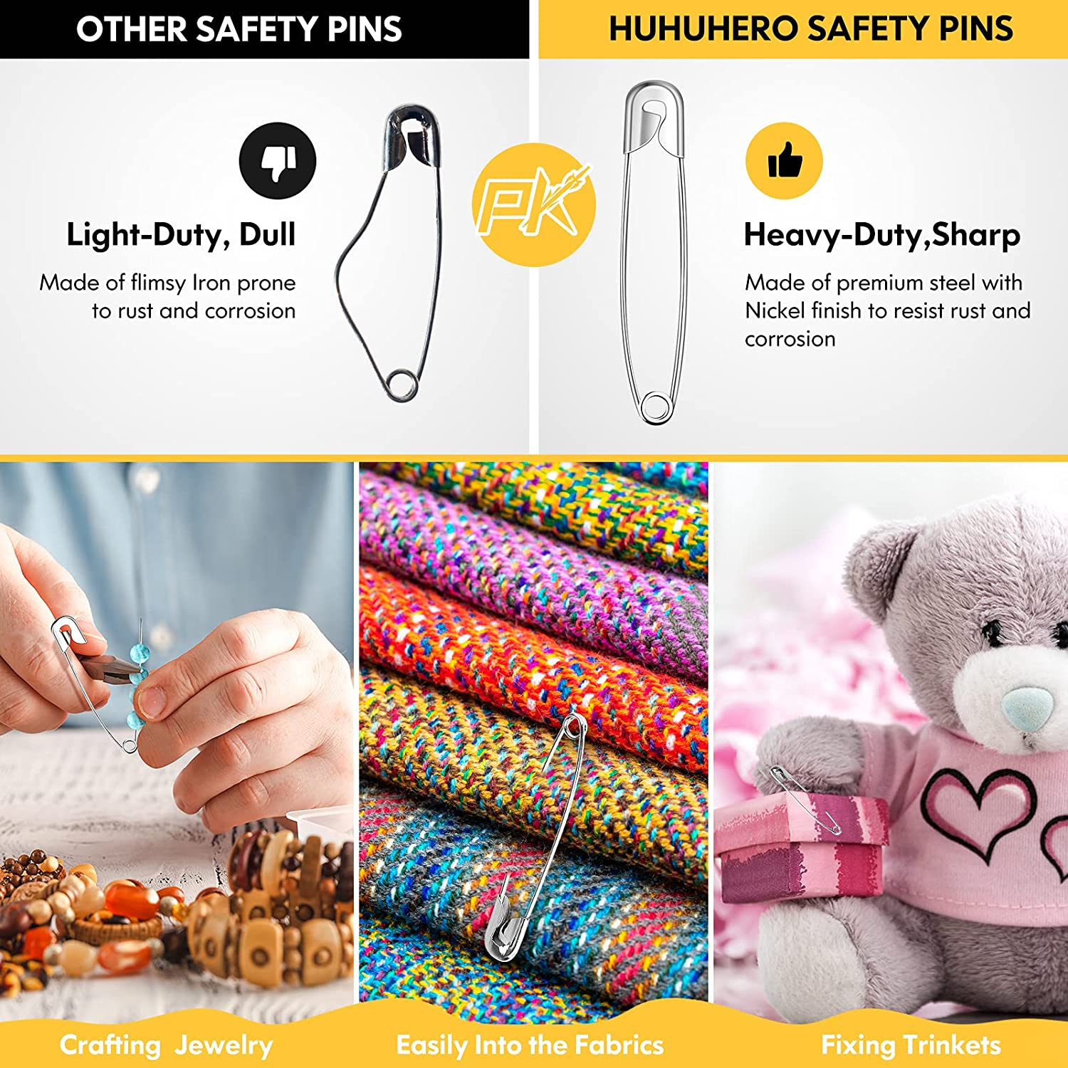 Huhuhero 340 Pack Safety Pins Assorted, Small and Large Safety Pins for Clothes Costume, 5 Different Sizes Nickel Plated Steel Pin Bulk, Sewing Crafts Art Supplies, Silver