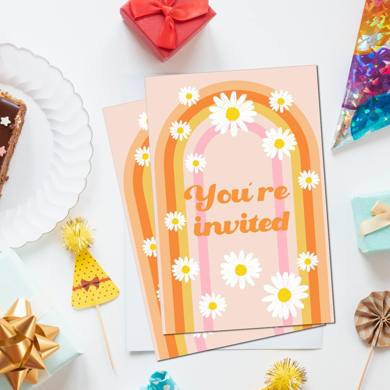 Soiceu Cute Five Is a Vibe Groovy 5Th Birthday Party Invitations with Envelopes Set of 20 Rainbow 70S Groovy 5 Years Old Birthday Party Invites image number 4