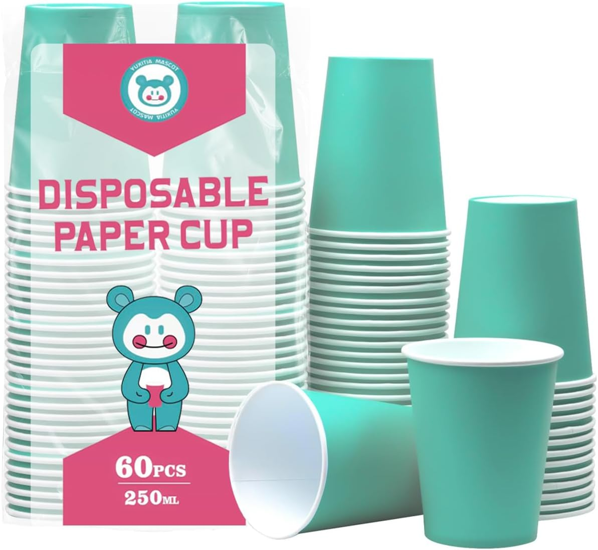 Disposable Paper Cups, 60Pcs Pink Paper Cups for DIY Wedding Party Picnic BBQ Travel and Event 8OZ (Hot Pink)