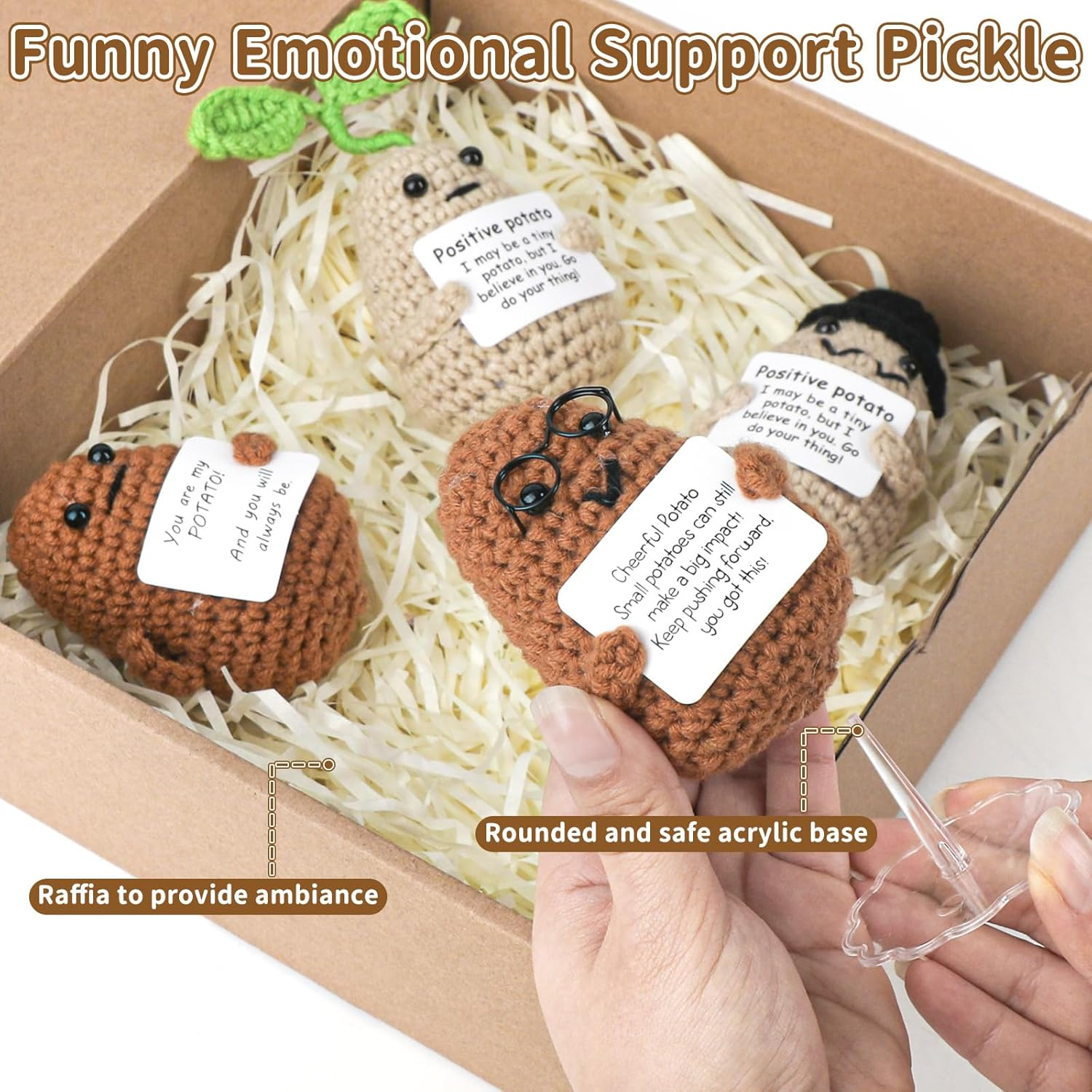 ZCOINS 6 Pcs Crochet Emotional Support Positive Potato for Women, Small Plush Novelty Funny Emotional Support Potato Pickle Toys with Positive Note for Desk Home Decor Birthday Valentines Gift image number 3