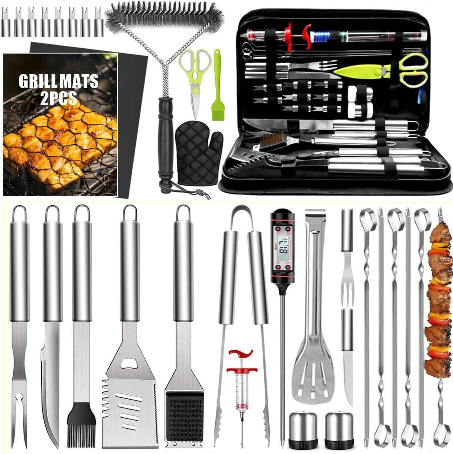 34Pcs Grill Accessories BBQ Grill Tools Set, Heavy Duty Thicker Stainless Steel Grill Tool with Thermometer, Long Handles, Carry Case; Gift Grill Mats for Backyard, Camping; Barbecue Set for Men Women image number 4