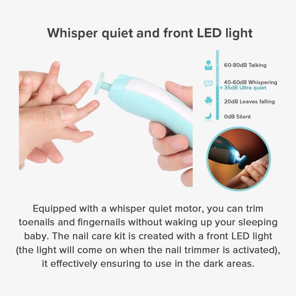 Safe and Quiet Electric Newborn and Toddler Nail Trimmer with LED Lights, 6 X Nail Trimmer Pads and 4 Speed Modes, AA Battery Operated (Blue) image number 5