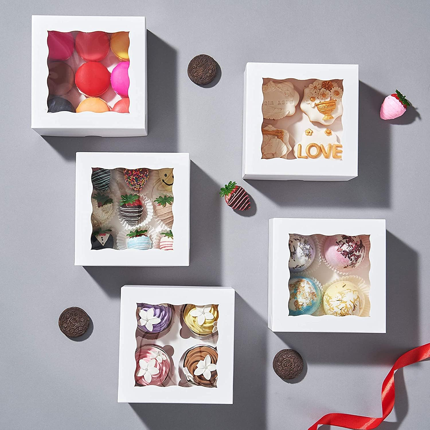 Romanticbaking 50 Pack White 4 Cupcake Boxes with Window Chocolate Bomb Boxes Bakery Box Cookies Boxes Strawberry Boxes image number 2