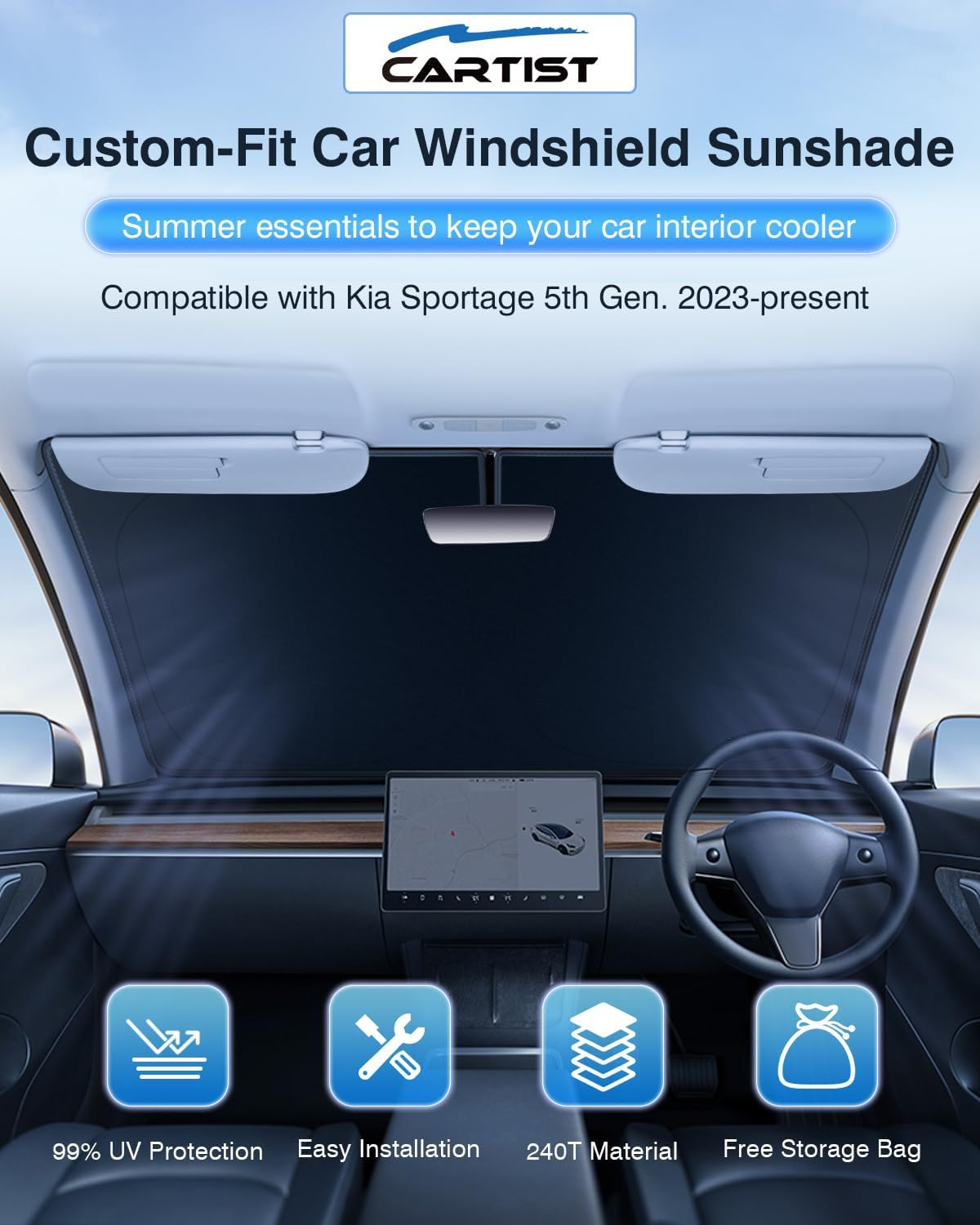 Windshield Sun Shade Fit for Kia Sportage 2023-2025 2026, Sunshade for Sportage Accessories, Foldable Front Window Shade 5-Layer image number 1