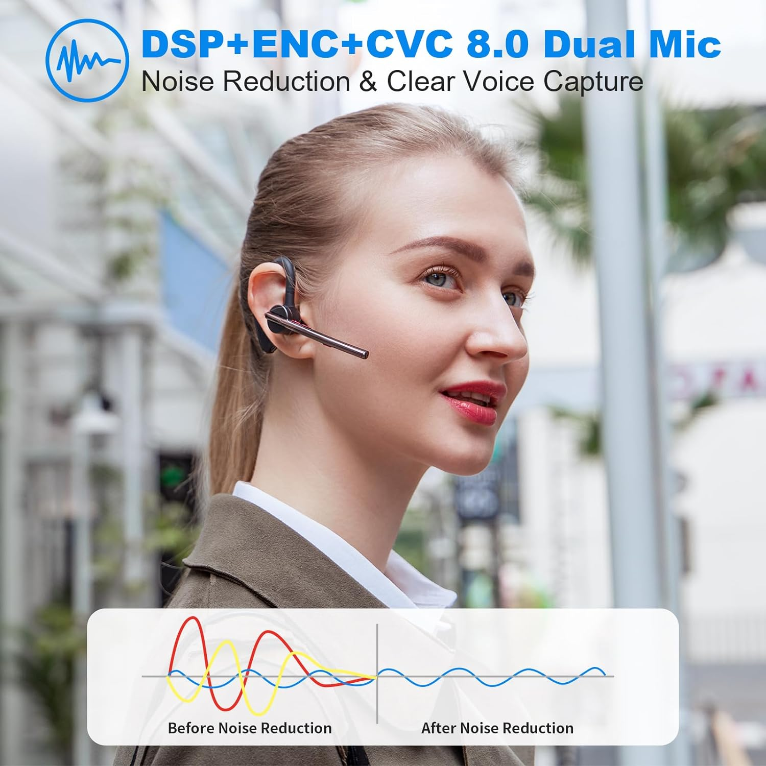 Bluetooth Headset New Bee 24Hrs Talktime CVC8.0 Dual Mic Noise Cancelling Bluetooth Earpiece V5.2 Wireless Headset for Cell Phone/Iphone/Android/Driver/Business/Office image number 3