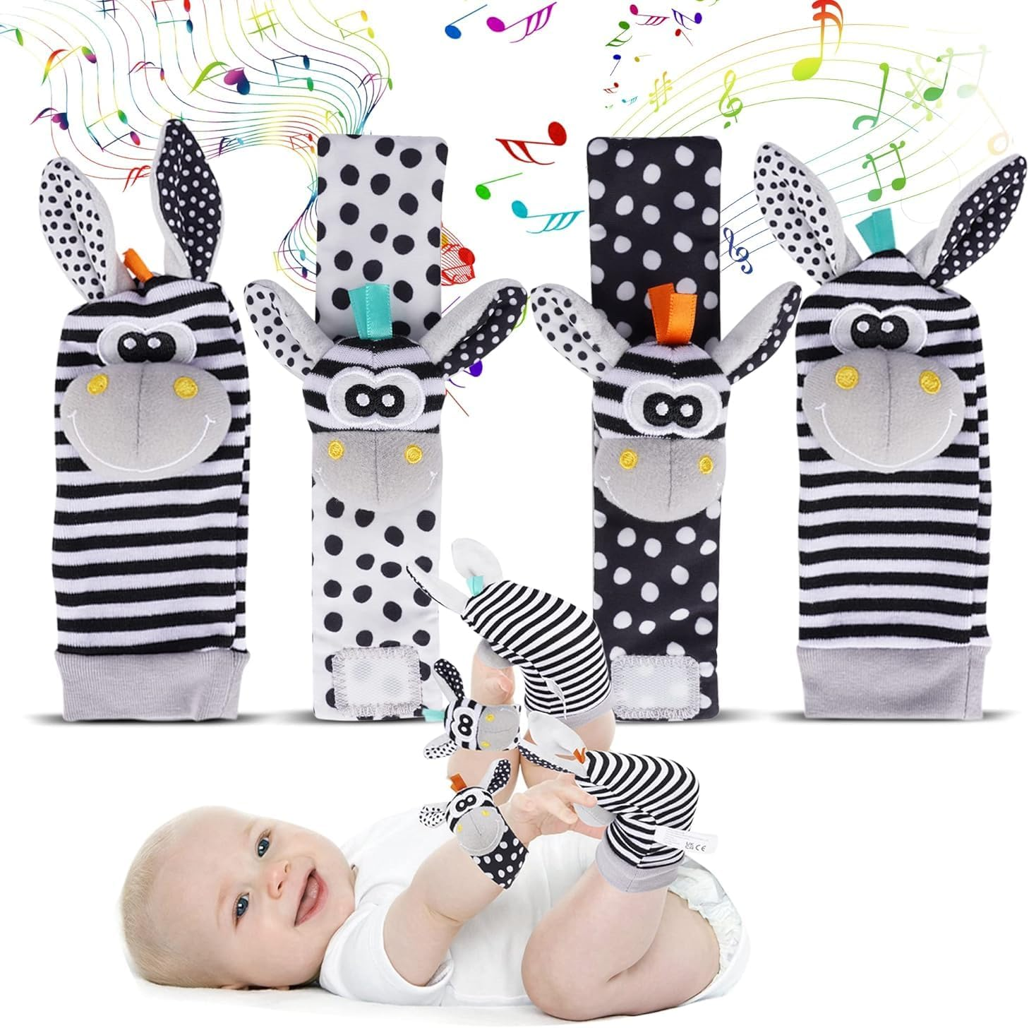 Baby Rattle Socks Wrist Strap Rattles Set, Cute Baby Animal Development Toy Gift for Newborn Babies, Black and White Foot Finder Sensory Set image number 5