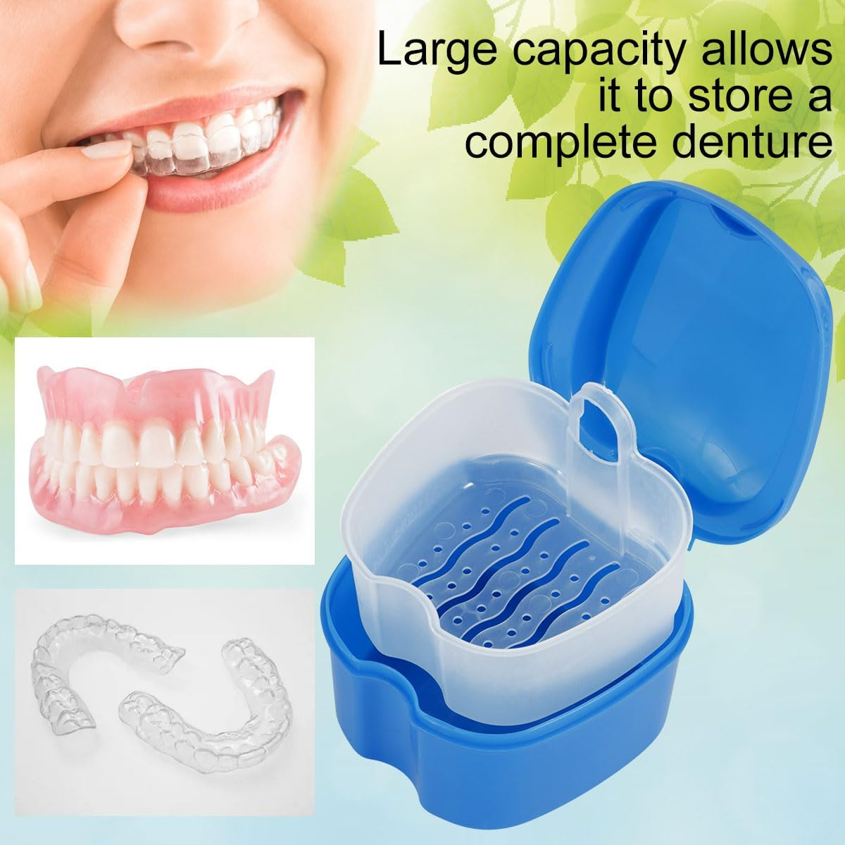 Abizarch Denture Case Denture Bath Box False Teeth Storage Box with Rinsing Basket Portable False Teeth Storage Case Orthodontic Dental Retainer Box for False Teeth Storage Soaking Cleaning(Navy Blue) - Wathet image number 3
