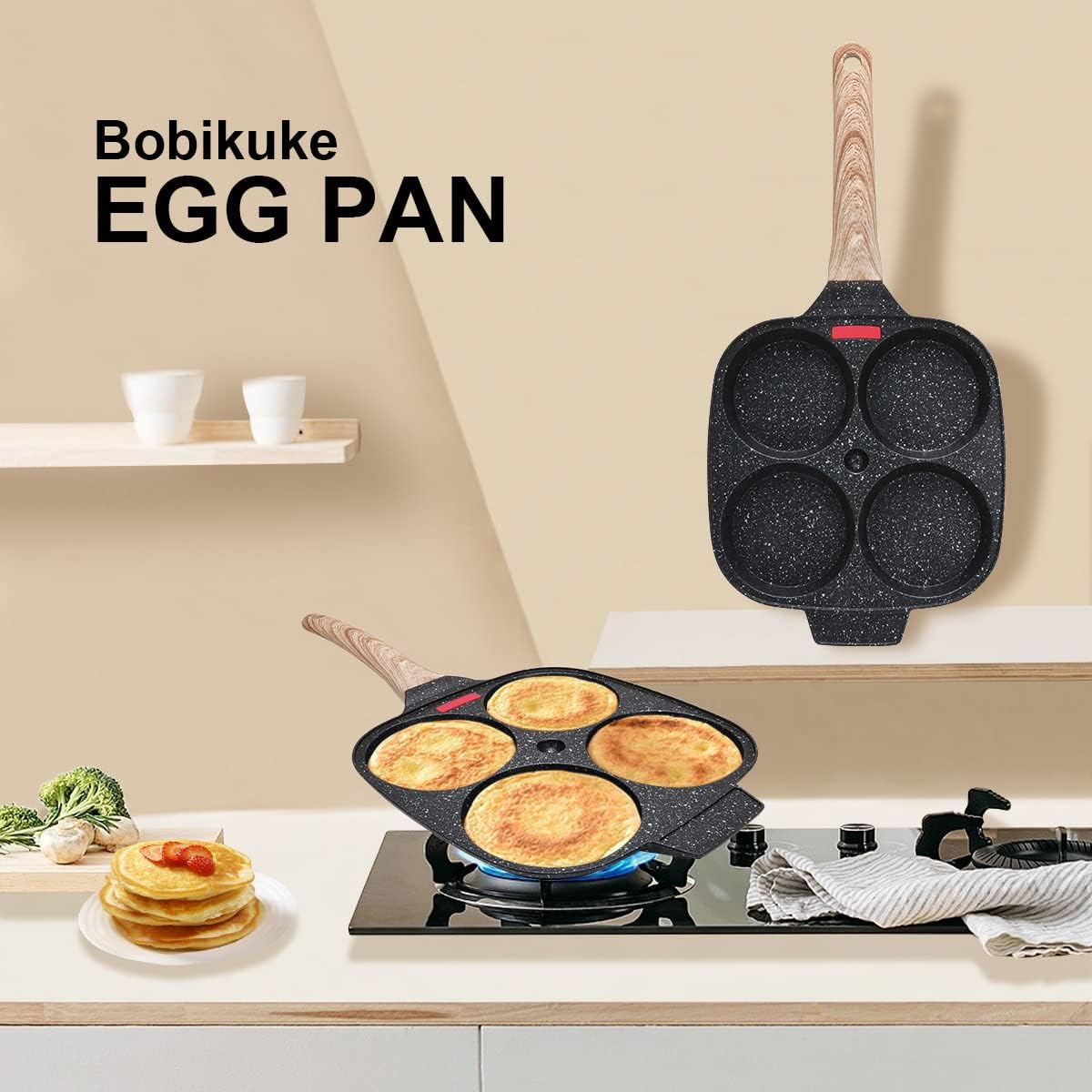 Egg Pan,Egg Frying Pan, Pancake Pan with Lid Nonstick 4 Cups Fried Egg Pan Aluminium Alloy Cooker for Breakfast, Suitable for Gas Stove & Induction Cooker image number 2