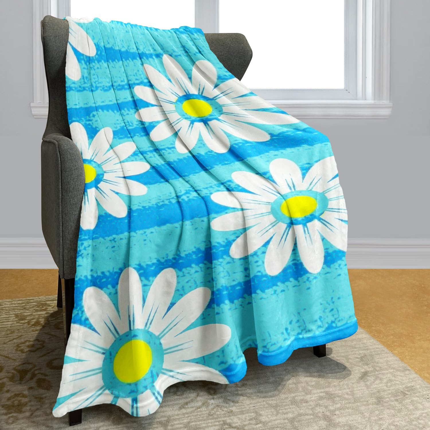 YISUMEI Cuddly Blanket with Daisy Pattern, Super Soft Fleece, Throw Blanket for Bed Linen, Couch, Sofa, Bedroom, Living Room, Decoration Blanket, 125 X 150 Cm image number 3