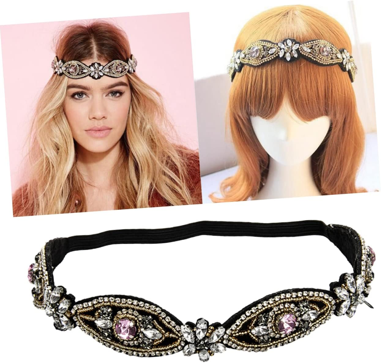 KALLORY Handmade Rhinestone Beaded Elastic Headband for Women Girls Crystal Hairband Women Hair Hoop for Casual Outings and Parties