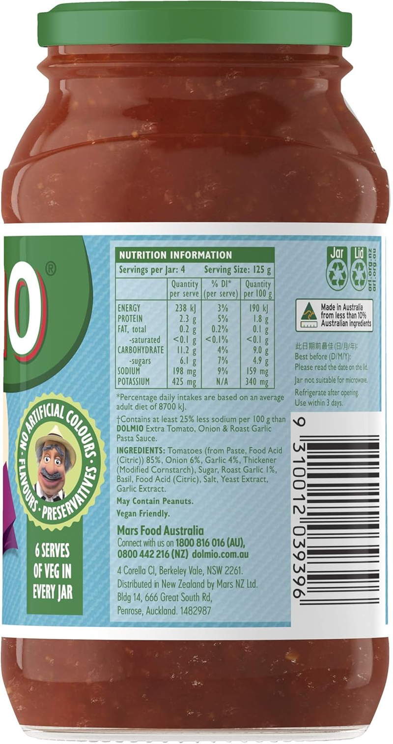 Dolmio Extra Tomato, Onion and Roast Garlic Salt Reduced Pasta Sauce 500 G (Pack of 6)