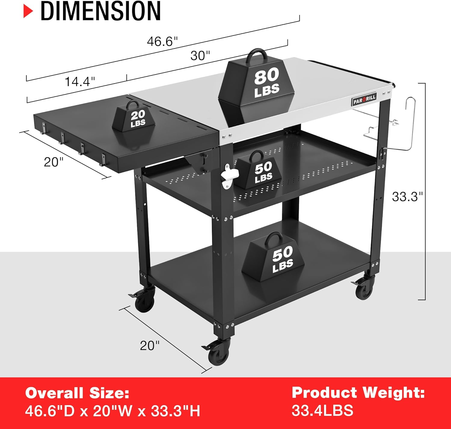 46.6" L X 20" W Three-Shelf Outdoor Grill Table, 4 Swivel Casters with Brake, Movable Outdoor Prep Table with Foldable Side Table, Stainless Steel Pizza Oven Table, BBQ Grilling Table image number 2