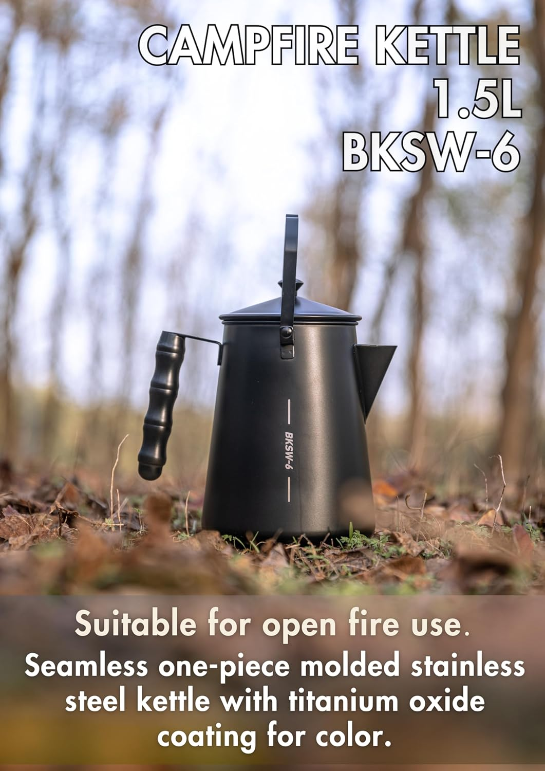CAMPINGMOON 1.5L Campfire Kettle Stainless Steel Camping Kettle Black BKSW-6 image number 1