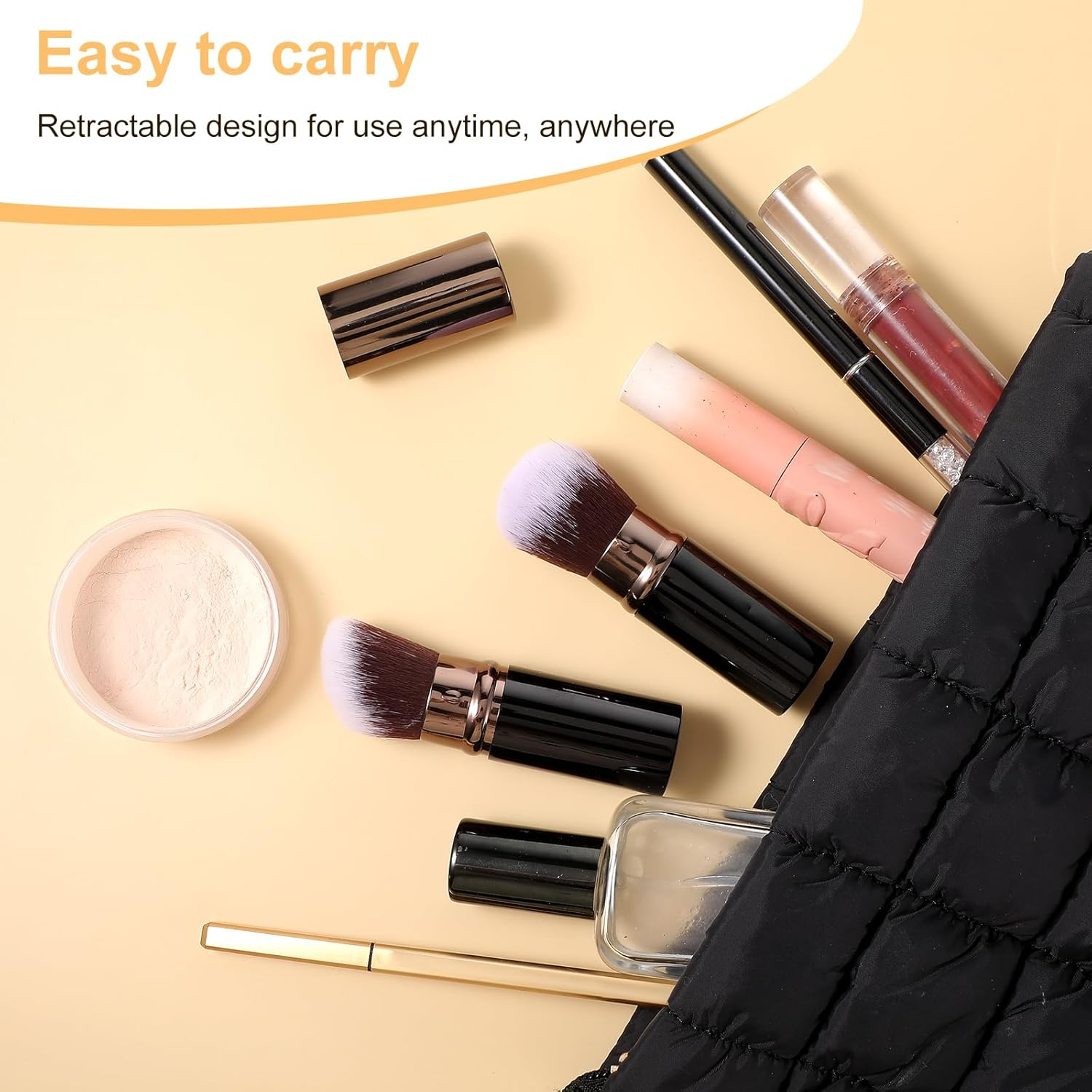 Heclia Retractable Makeup Brush 2 PCS Travel Face Blush Brushes Black Kabuki Foundation Brush with Flat and Angled Top Portable Powder Sunscreen Brushes for Blending Liquid Blush Buffing Cosmetics image number 5