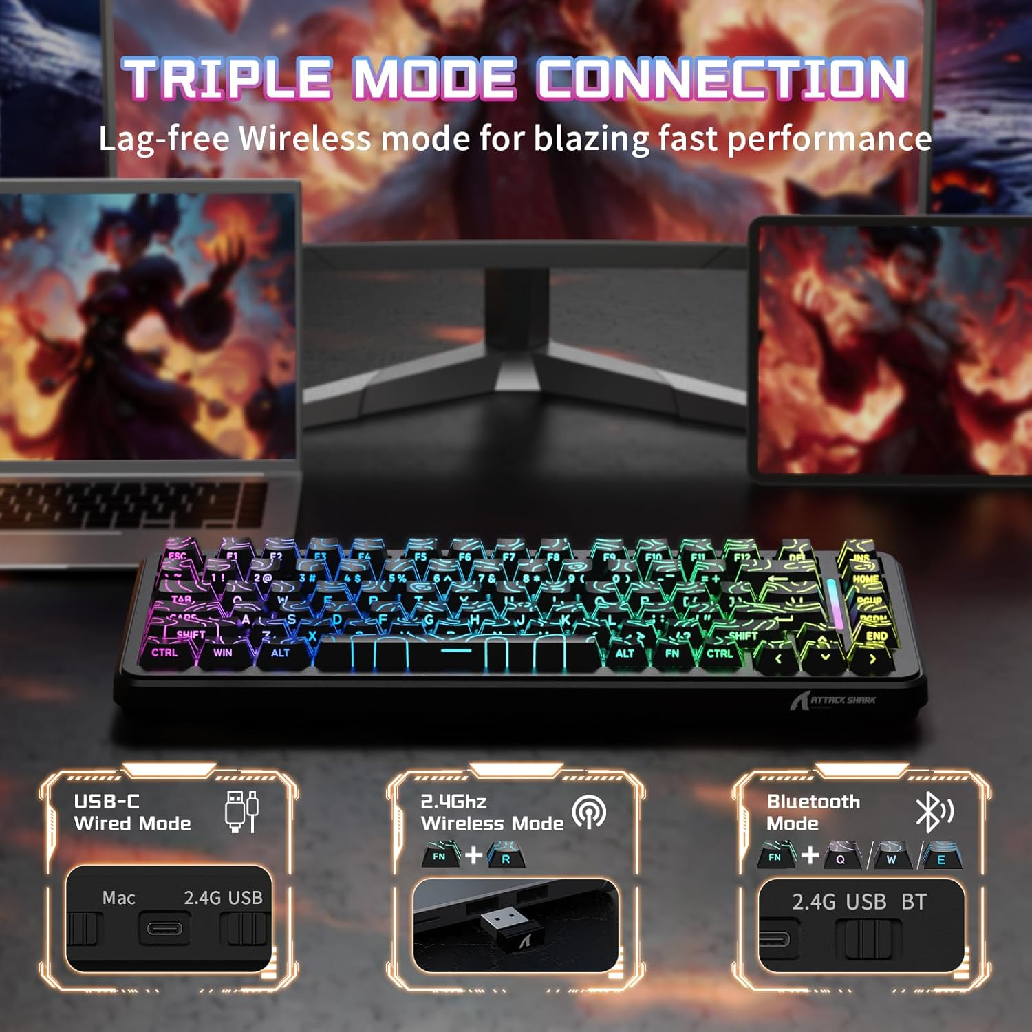Attack Shark X82PRO HE 75% Wireless Rapid Trigger Gaming Keyboard, Hall Effect Magnetic Switch Keyboard with 0.01Mm RT Adjustable Actuation, 8Khz Polling Rate, Hot-Swap, RGB, for PC Gamer (Black) image number 5