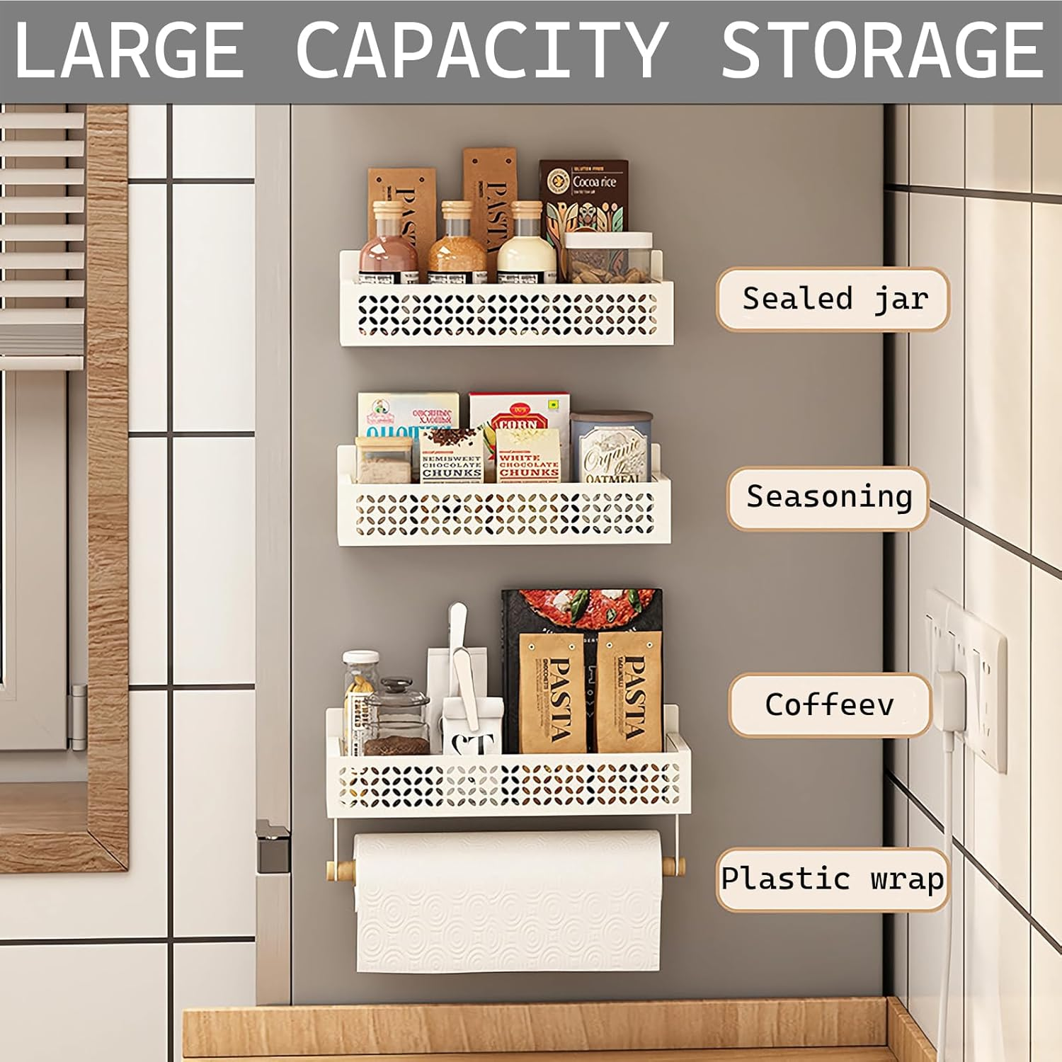 Janxin Spice Rack, Magnetic Spice Rack, No Drilling, Spice Rack, Kitchen Shelf No Drilling, with Paper Towel Holder, Suitable for Kitchen Organisation and Fridge (Black)