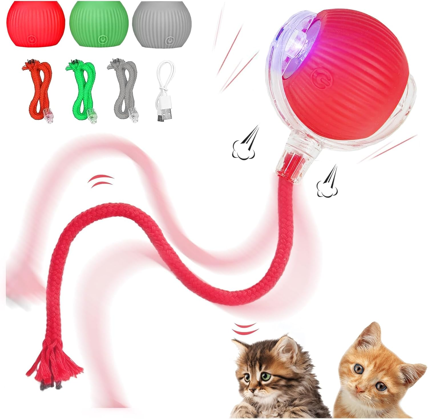 SZMDLX Interactive Rolling Cat Dog Ball with 3 Modes, 3 Colors Replacement Covers & Ropes, USB Rechargeable, Intelligent Automatic Moving Toys for Cats Dogs Pets