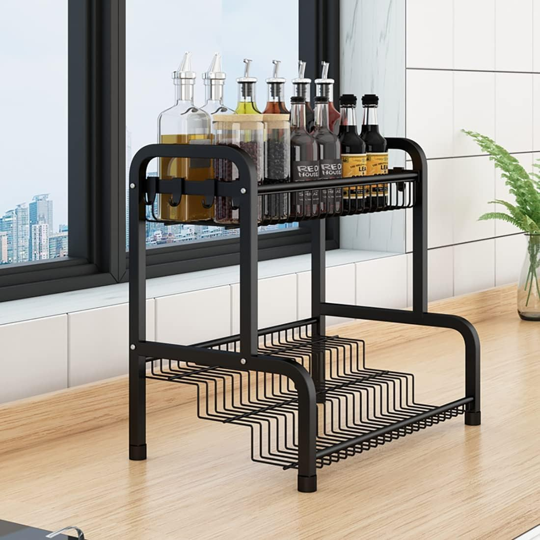 HCHANGEN Kitchen Spice Rack Organiser 2-Tier, Ladder Design Storage Stand with 8 Hooks image number 1