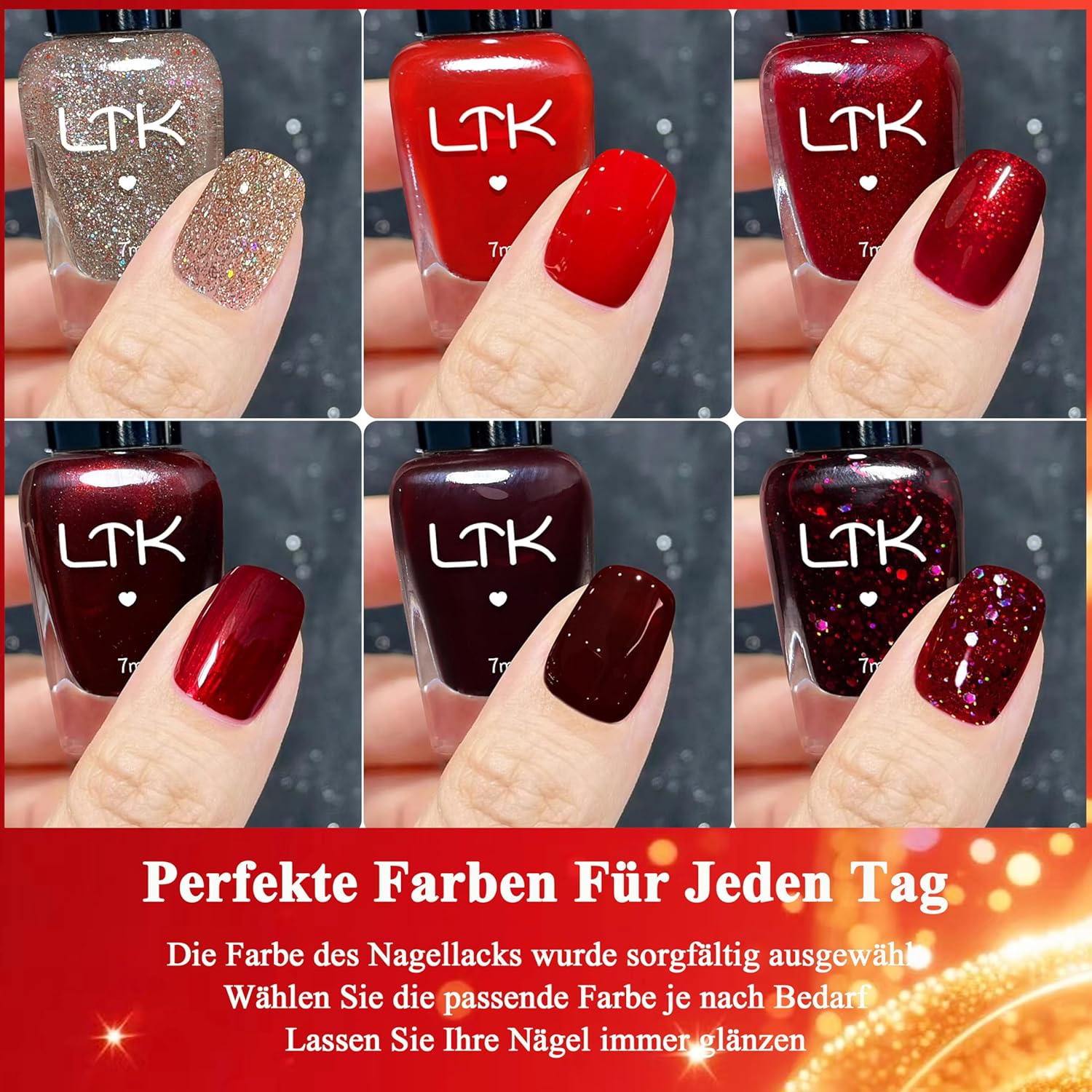 6-Piece Red Nail Polish Set - Gentle and Long-Lasting Water-Based Nail Polish - No UV Nail Polish for DIY Nail Art Manicure at Home, Vegan and Cruelty-Free, Regular Colour Polish (RED) image number 5