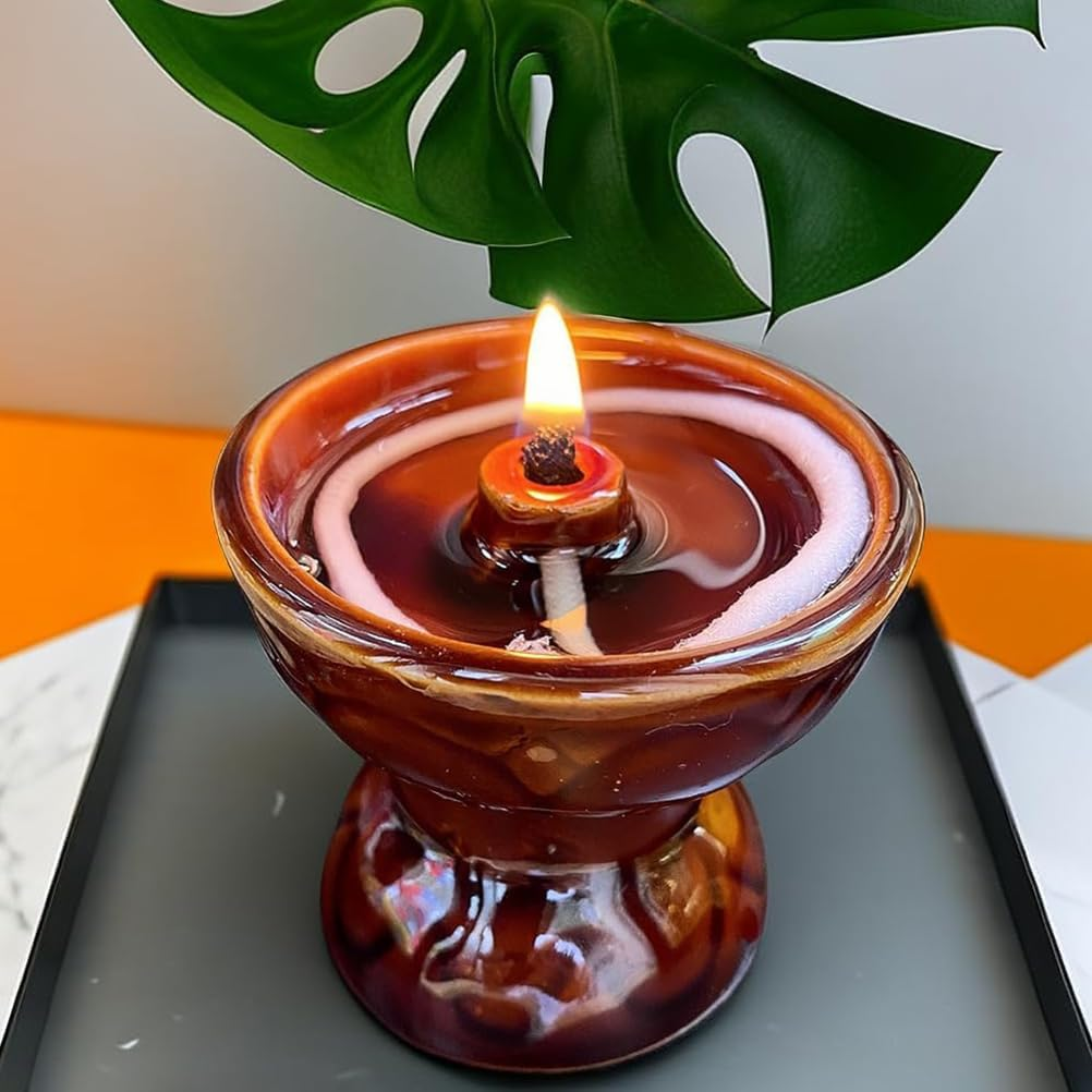 VOSAREA Ceramic Vintage Oil Lamp Kerosene Lantern Oil Lamp Decorative Light Vintage Paraffin Antique Candle Holder for Living Room Ambient Light (2.67X2.67X2.36 Inch) image number 4