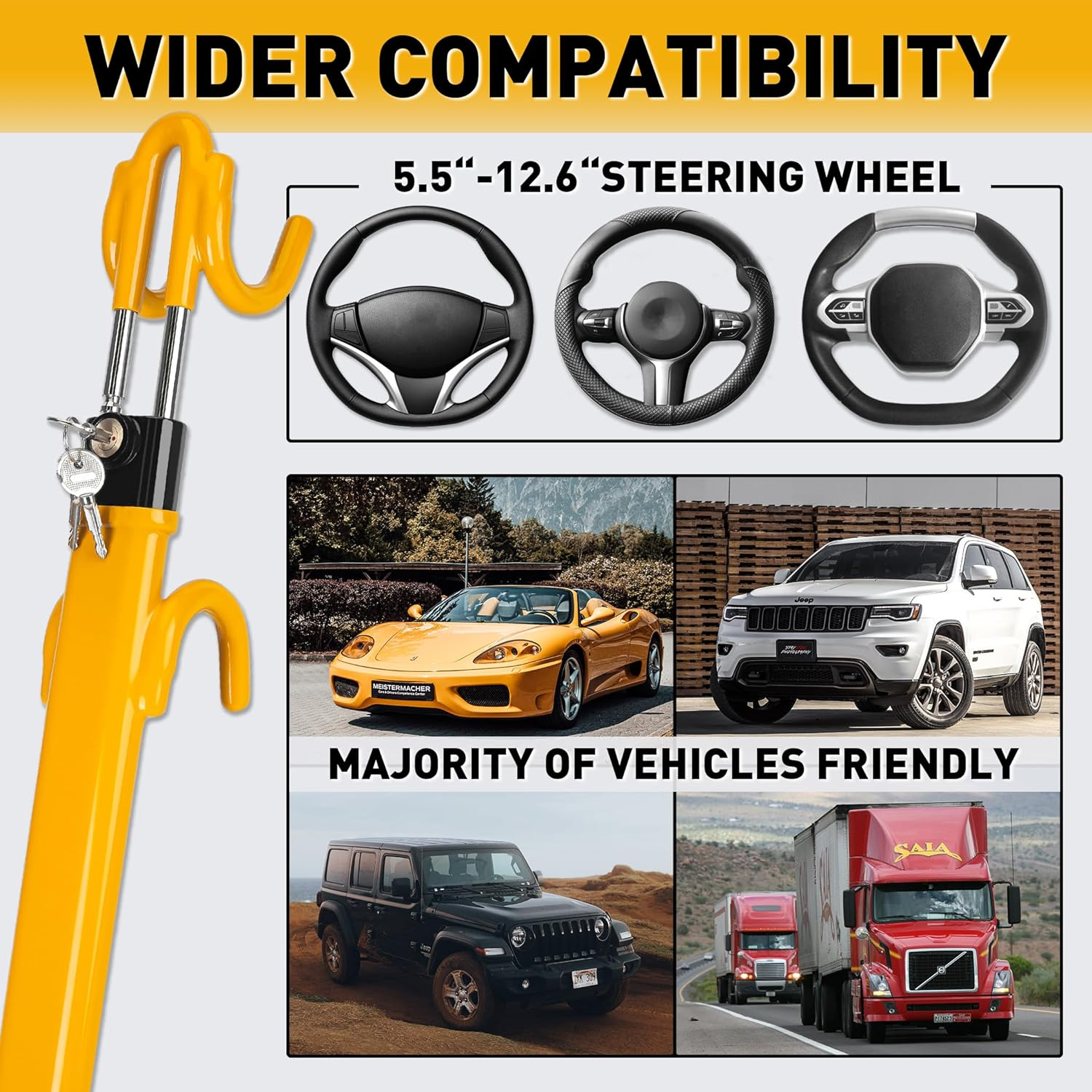 CARTMAN Heavy Duty Steering Wheel Lock Anti-Theft Car Device Security Car Lock Great Deterrent Adjustable Antitheft Locking Devices for Cars Trucks Vans and Suvs with 3 Keys image number 2