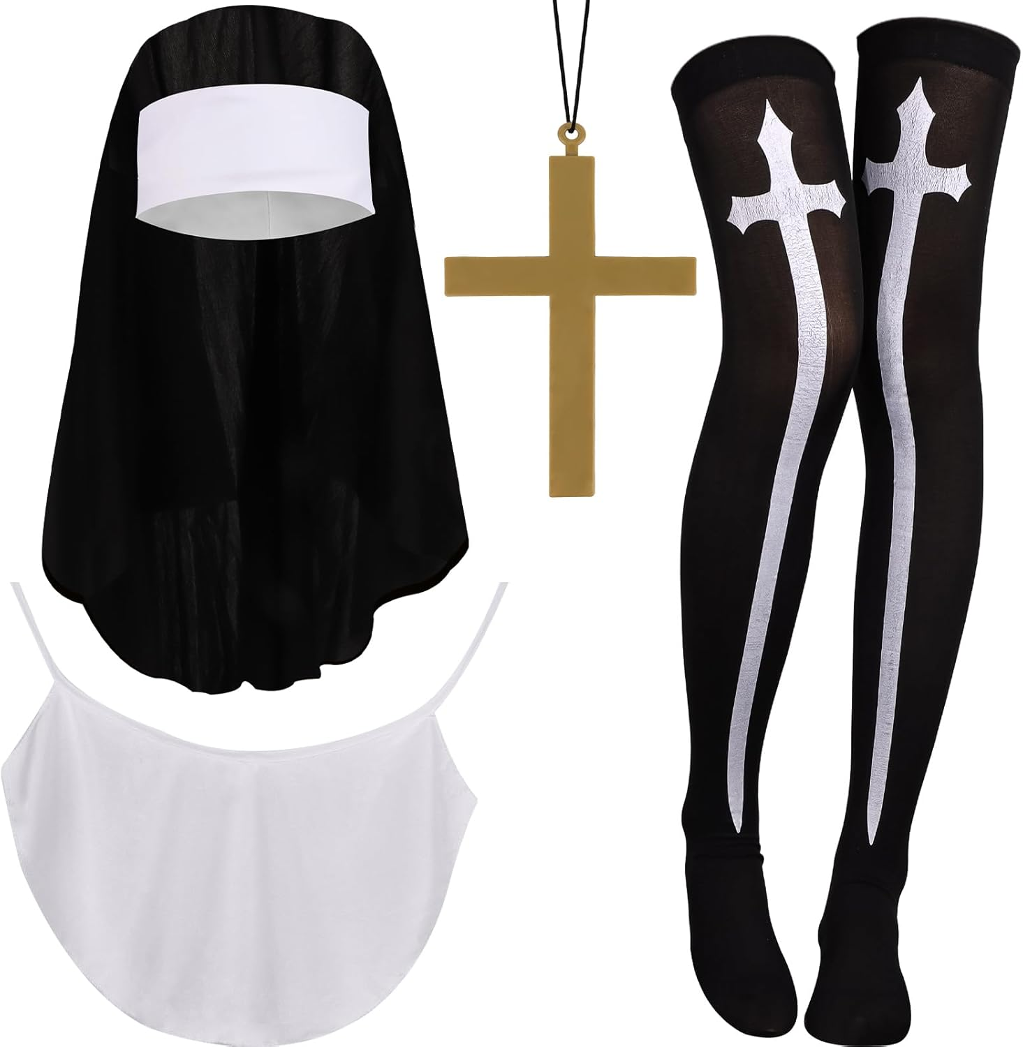 Sexy Nun Costume Woman Nun Headpiece Cross Necklace Earrings Thigh Highs Collar Sexy Halloween Costume Women Accessories image number 1