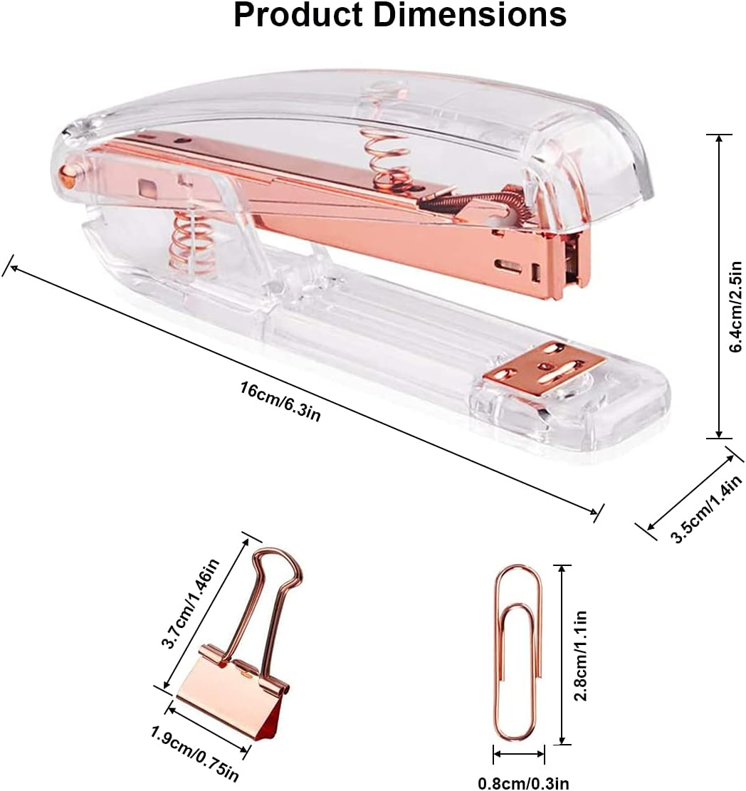 Acrylic Desktop Stapler with 1000 26/6 Staples, 6 Binder Clips & 50 Paper Clips, Desk Accessory Kit for Home Office School (Rose Gold) - Black image number 5