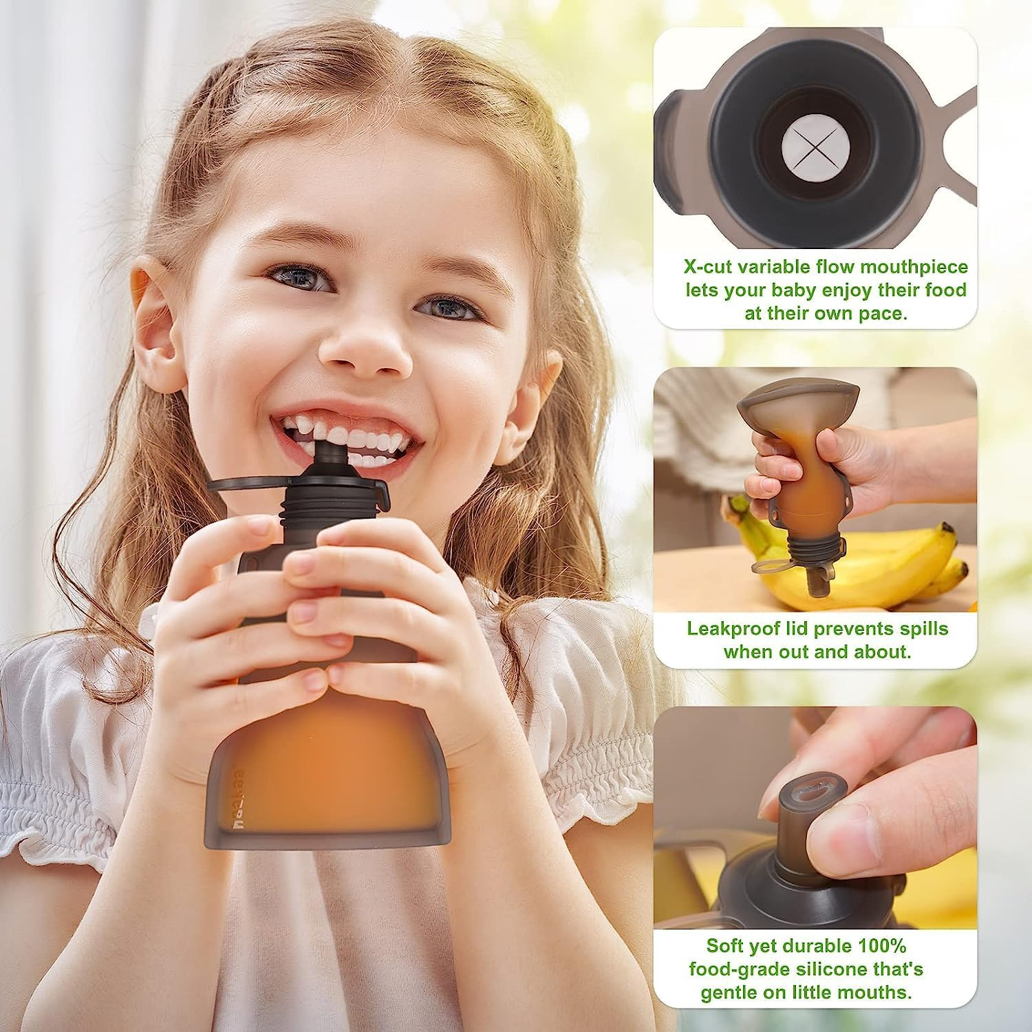 Haakaa Happii Bear Silicone Goody Pouch,Reusable Baby Food Pouches for Homemade Organic Purees, Juices, Smoothies, and Yogurt - Perfect for Toddlers and Kids - 4 Pack, 6Oz image number 2