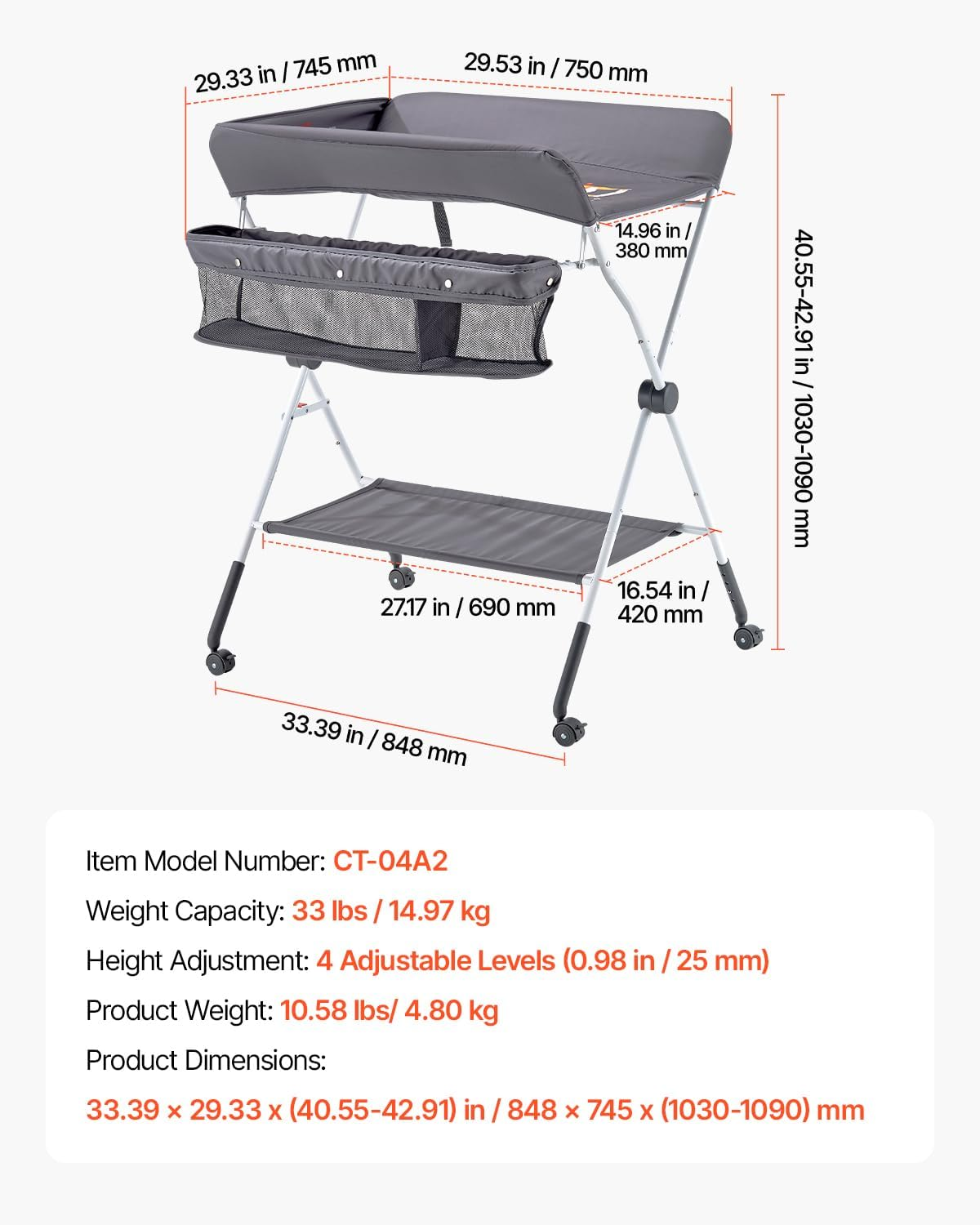 VEVOR Baby Changing Table, Foldable Diaper Change Station with Side Basket, Adjustable Height Portable Changing Table with Lockable Wheels, Multi-Functional Storage Organizer Nursery, Dark Gray image number 3