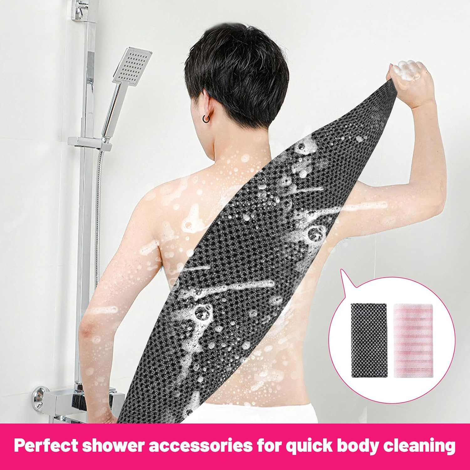 2Pcs Body Scrubber, Back Scrubber for Shower, Exfoliating Towel, Japanese Scrub Wash Cloth, Exfoliating Towel for Men Women, Body Exfoliator Loofah Luffa Sponge Net Rag Back Washer (Pink & Black) image number 4