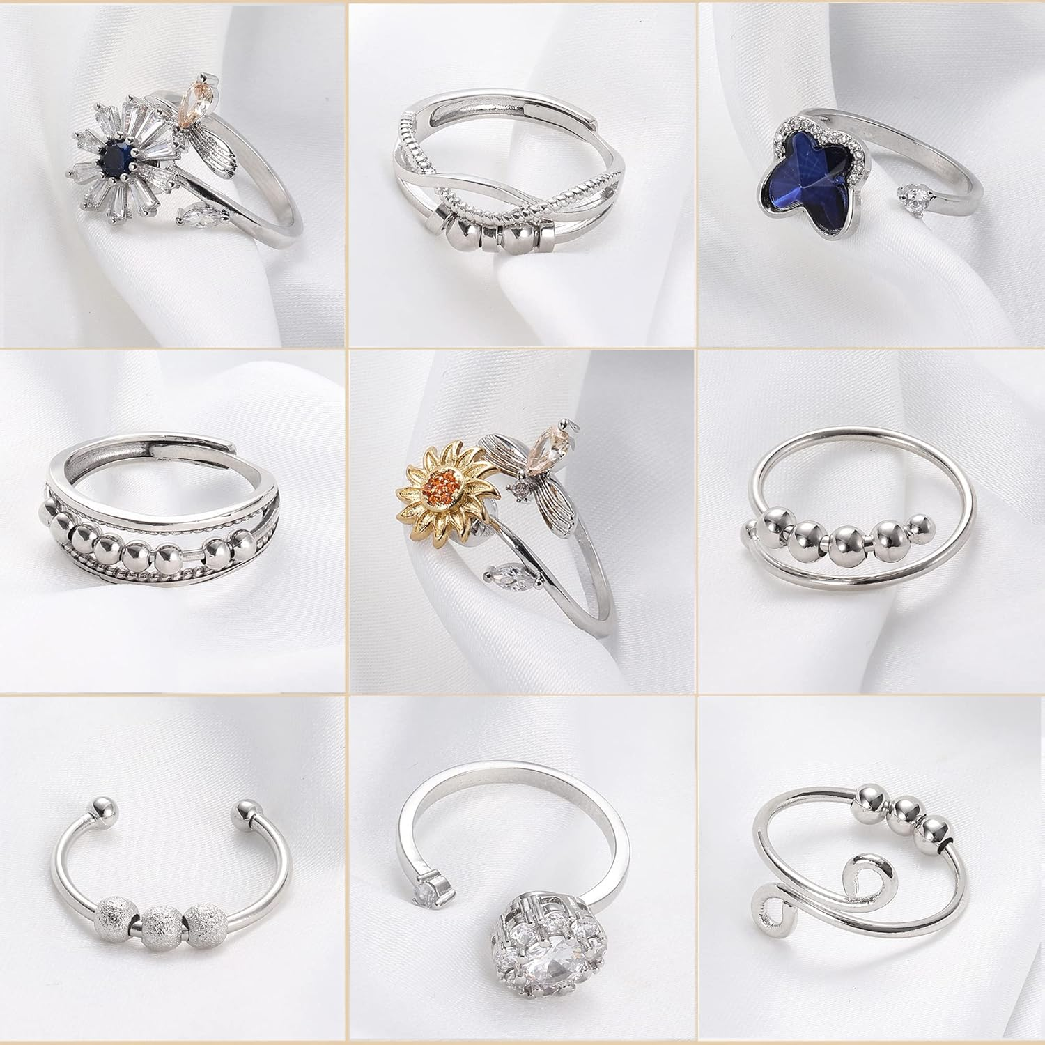 Kakonia 9Pcs Fidget Anxiety Rings for Women Spinner Fidget Rings for Anxiety Adjustable Cubic Zirconia Flower Butterfly Sunflower Bead Stress Relief Spinning Stackable Ring Set with Box image number 3