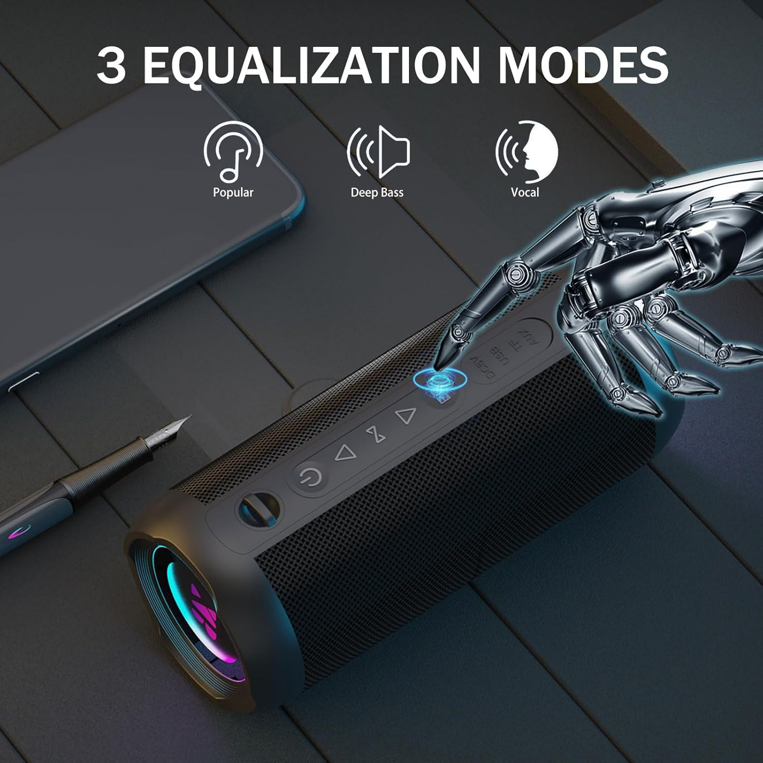 Portable Bluetooth 5.0 Speaker with Deep Bass,Ip66 Waterproof & Dustproof,Rgb Lighting,Aux/Tf Card Support,Type-C Charging,Tws Stereo,Perfect for Home,Outdoors,Cycling,Hiking,Camping&Parties (Black) image number 4