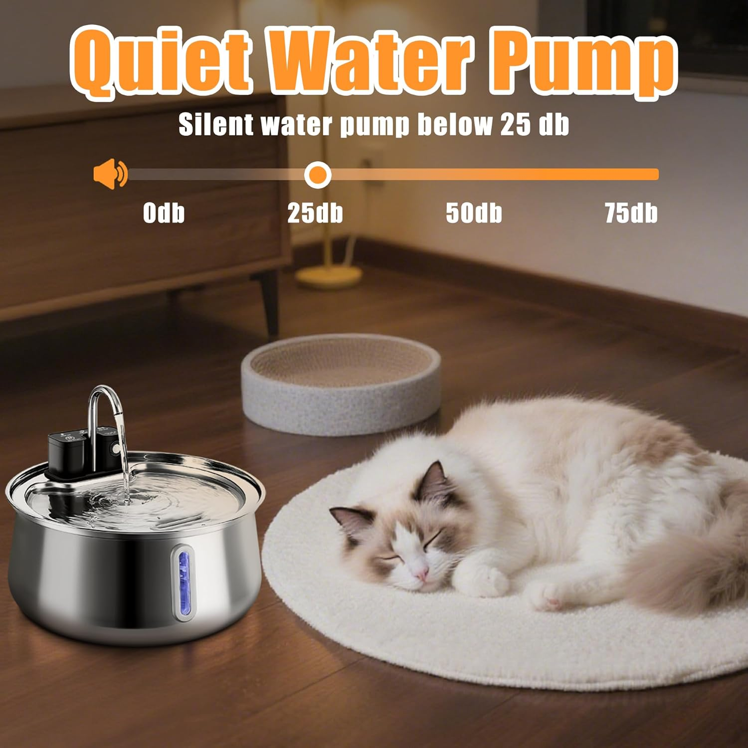 OMIPAWZ Cordless Cat Water Fountain Stainless Steel, 4L Automatic Wireless Pet Drinking Fountain Battery Operated with Water Level Window for Cats Dogs image number 4