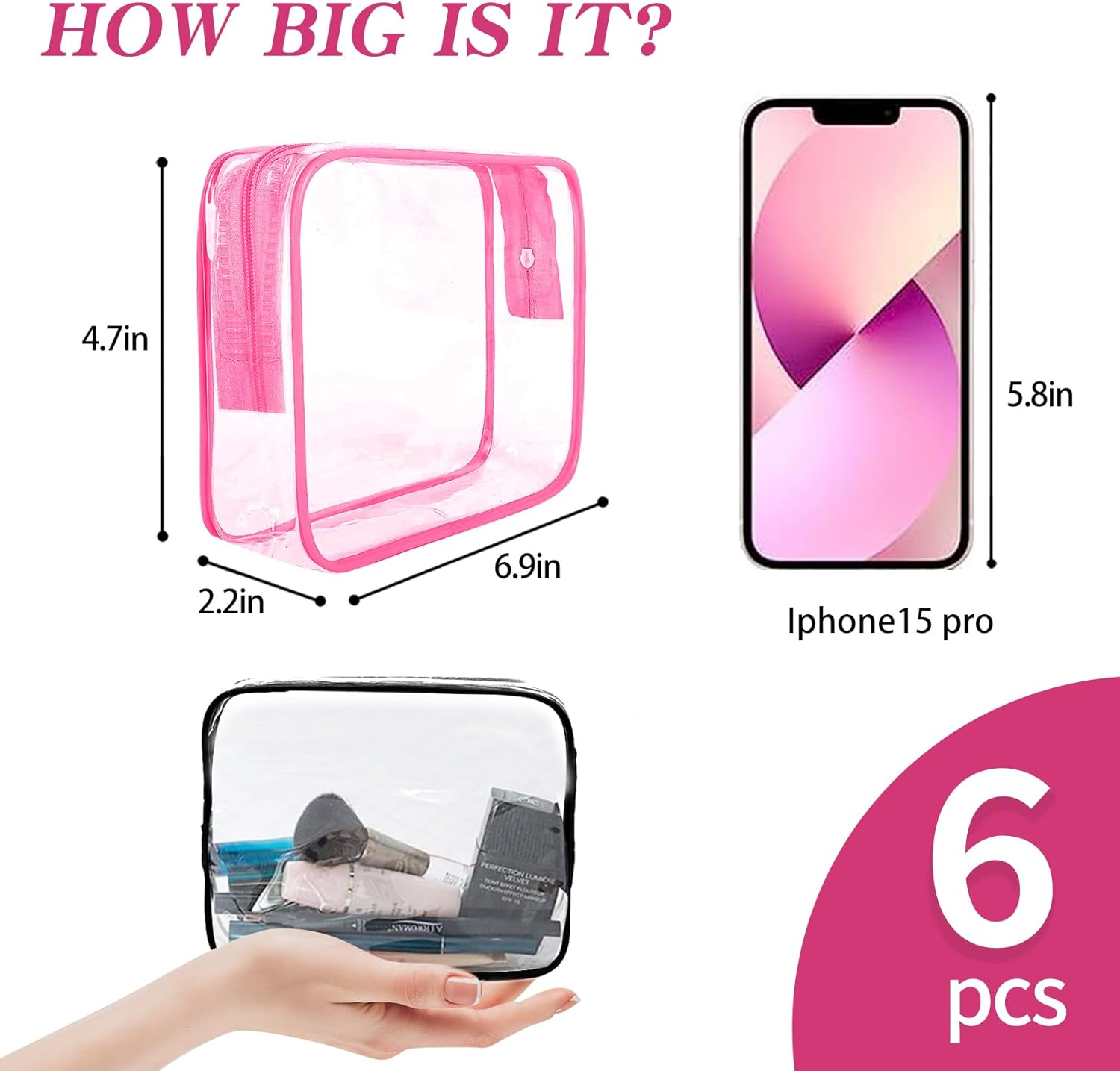 ZHOOGE 6 Pack Clear Travel Toiletry Bag Clear Makeup Bag Cosmetic Toiletry Bag - TSA Approved Clear Makeup Organizer for Travel, Quart Size Bag Carry on Airport Airline Compliant Bag, Multicolor, - Multicolor image number 5