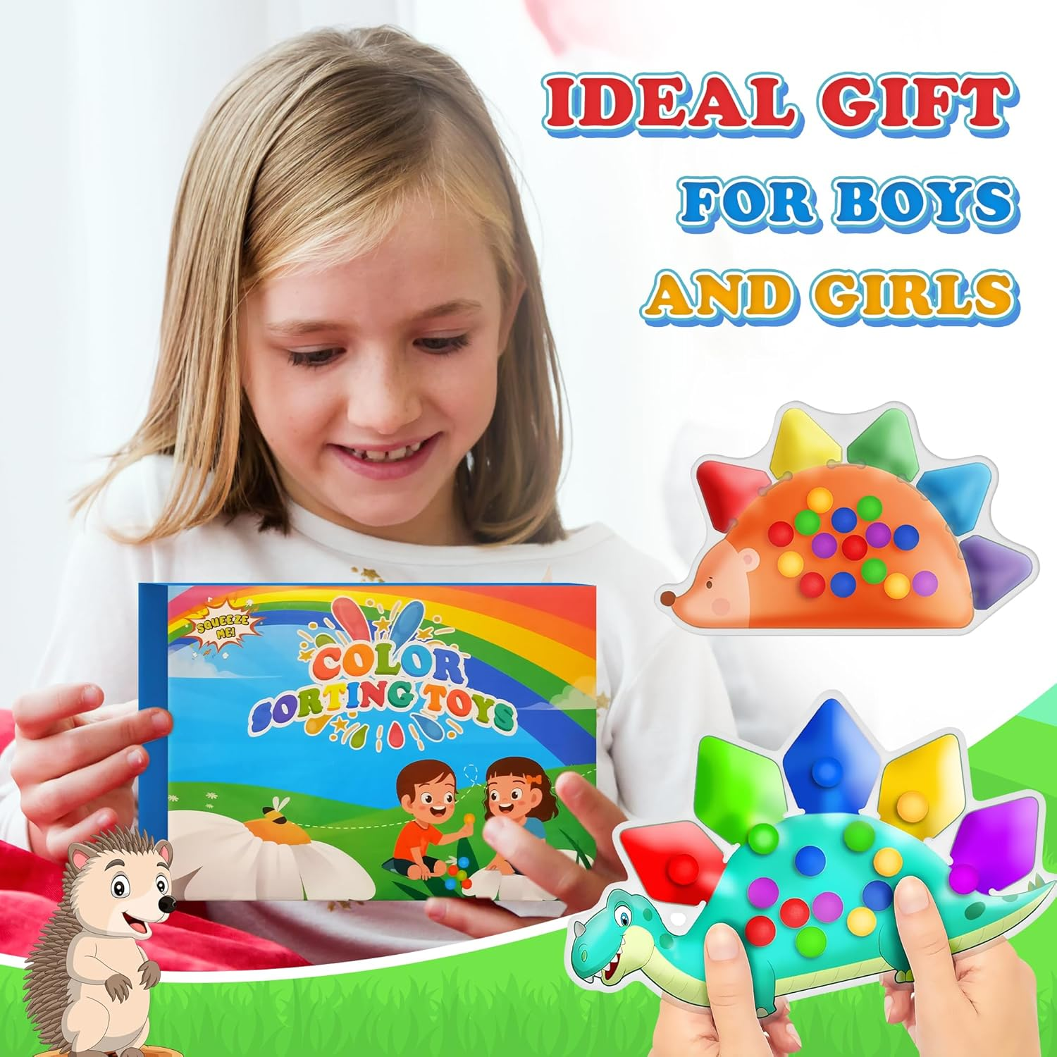 2Pcs Color Sorting Sensory Toy,Fine Motor Skill Games Learning Toys for Toddlers, Hedgehog Dinosaur Color Matching Preschool Activities Educational Calm down Fidget Squishy Sensory Toys for Kids Gifts image number 1
