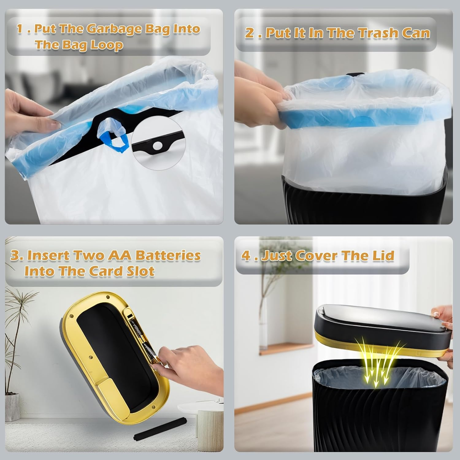 Caunedy Bathroom Smart Trash Can with Lid Automatic Touchless Lid, 8L Slimline Sensor Trash Bin for Bedroom, Living Room, Office（Black with Gold Trim） image number 4