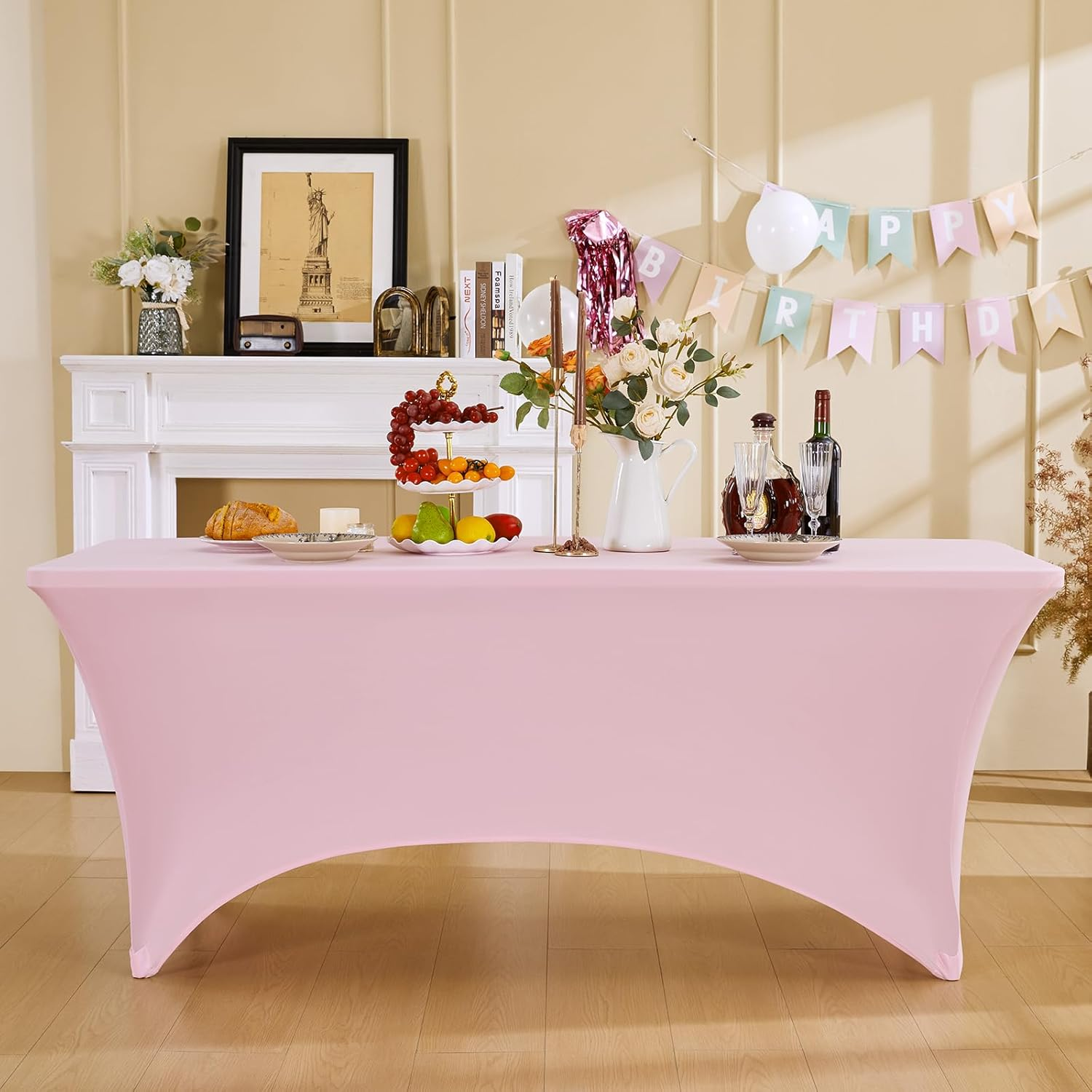 Fantastshop 8Ft Stretch Spandex Table Cloth for Rectangle Table Tight Fitted Tablecloths - Washable and Wrinkle Resistant Table Cover for Events Party Wedding Birthday Patio Banquet Festival, Pink.