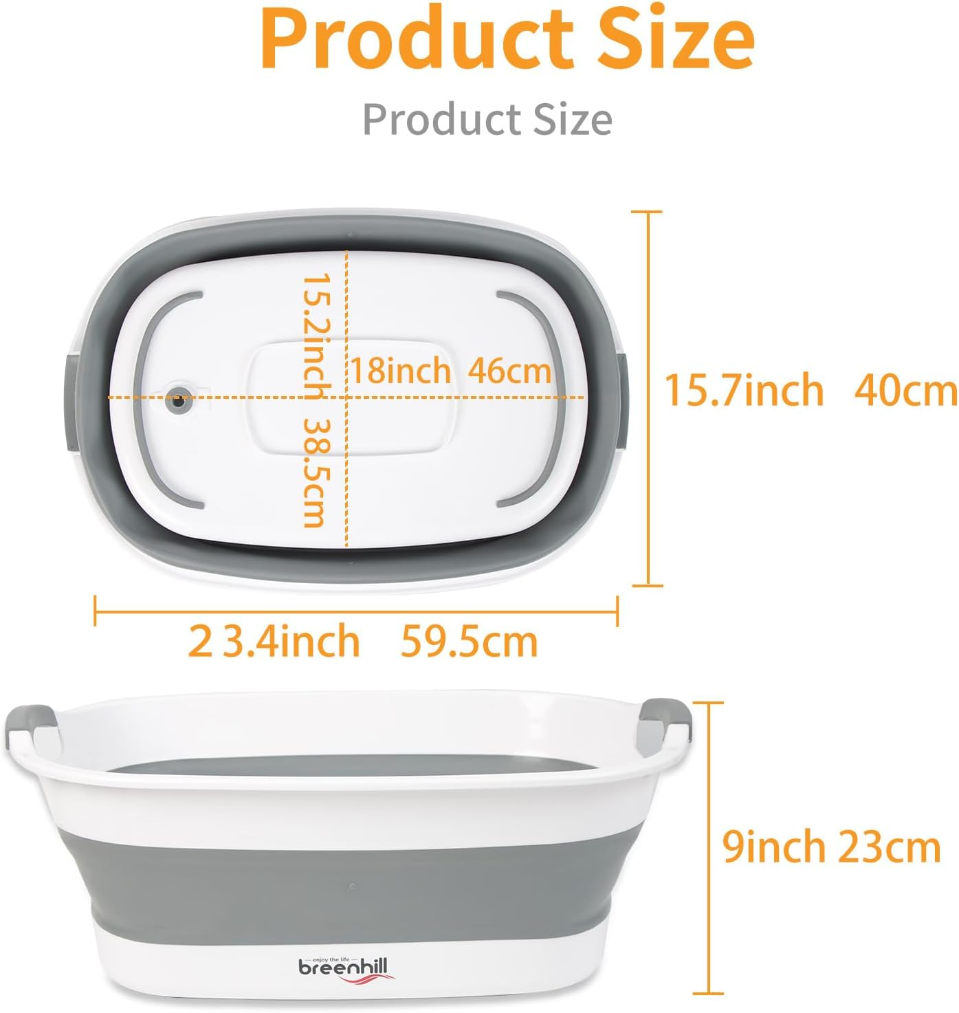 BREENHILL Collapsible Dog Bath Tub for Small Dogs & Cats, Portable Puppy Bath Tub with Water Drain Plug, Space Saving Foldable Pet Bathtub for Indoor & Outdoor Use, Grey