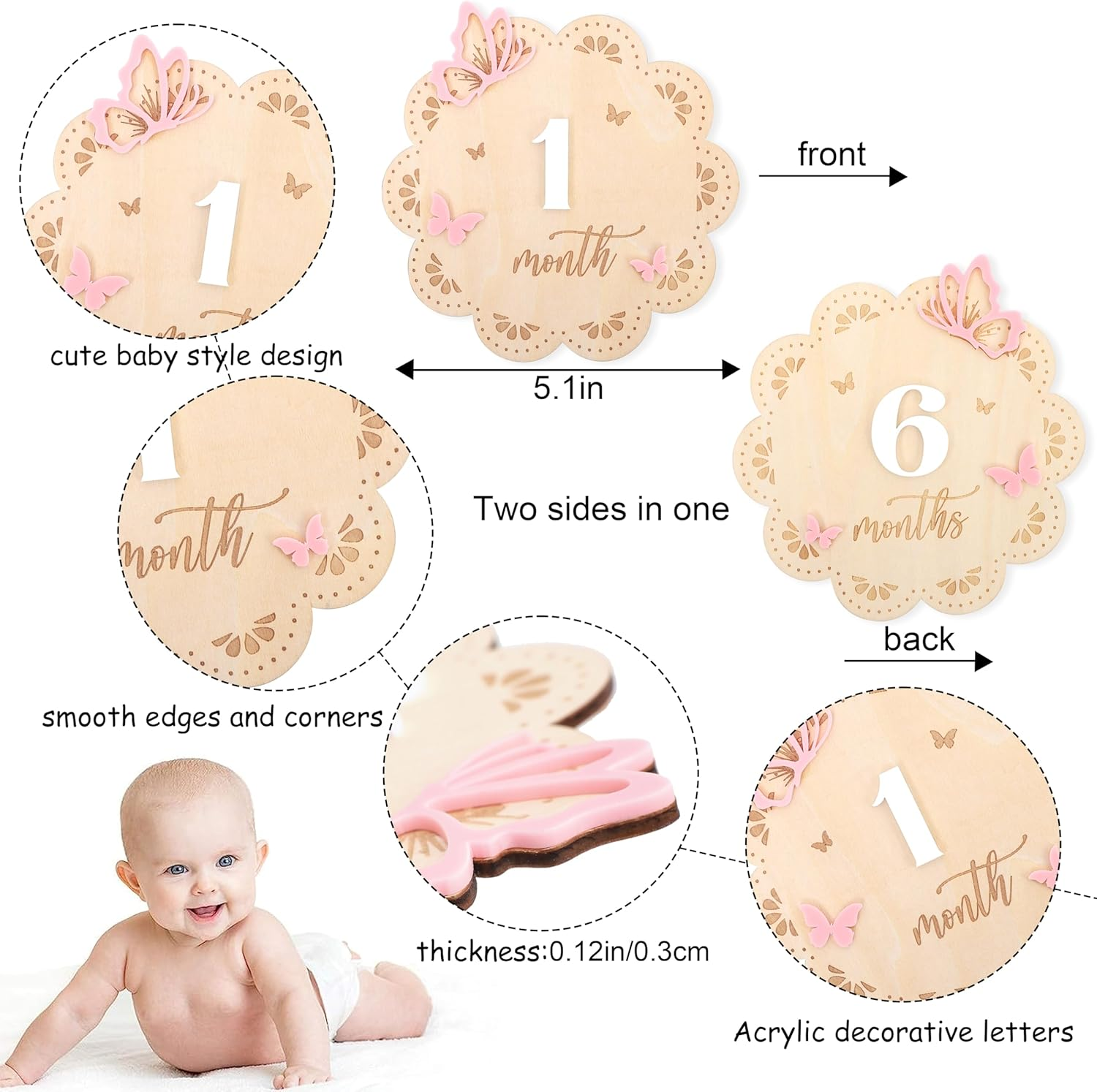 Butterfly Wooden Monthly Milestone Cards - 1-12 Months Interchangeable Baby Months Signs, Double-Sided Printing, round Butterfly Milestone, Newborn Memento Milestone, Baby Shower Photo Props image number 2