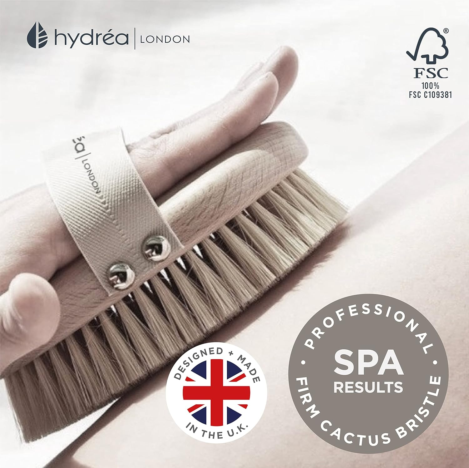 Hydrea London Body Brush - Exfoliating Dry Scrubber, Cellulite Remover, & Skin Exfoliator, Helps Improve Lymphatic Flow - 100% Vegan, FSC&reg; Certified Beechwood, & Natural Cactus Bristle image number 3