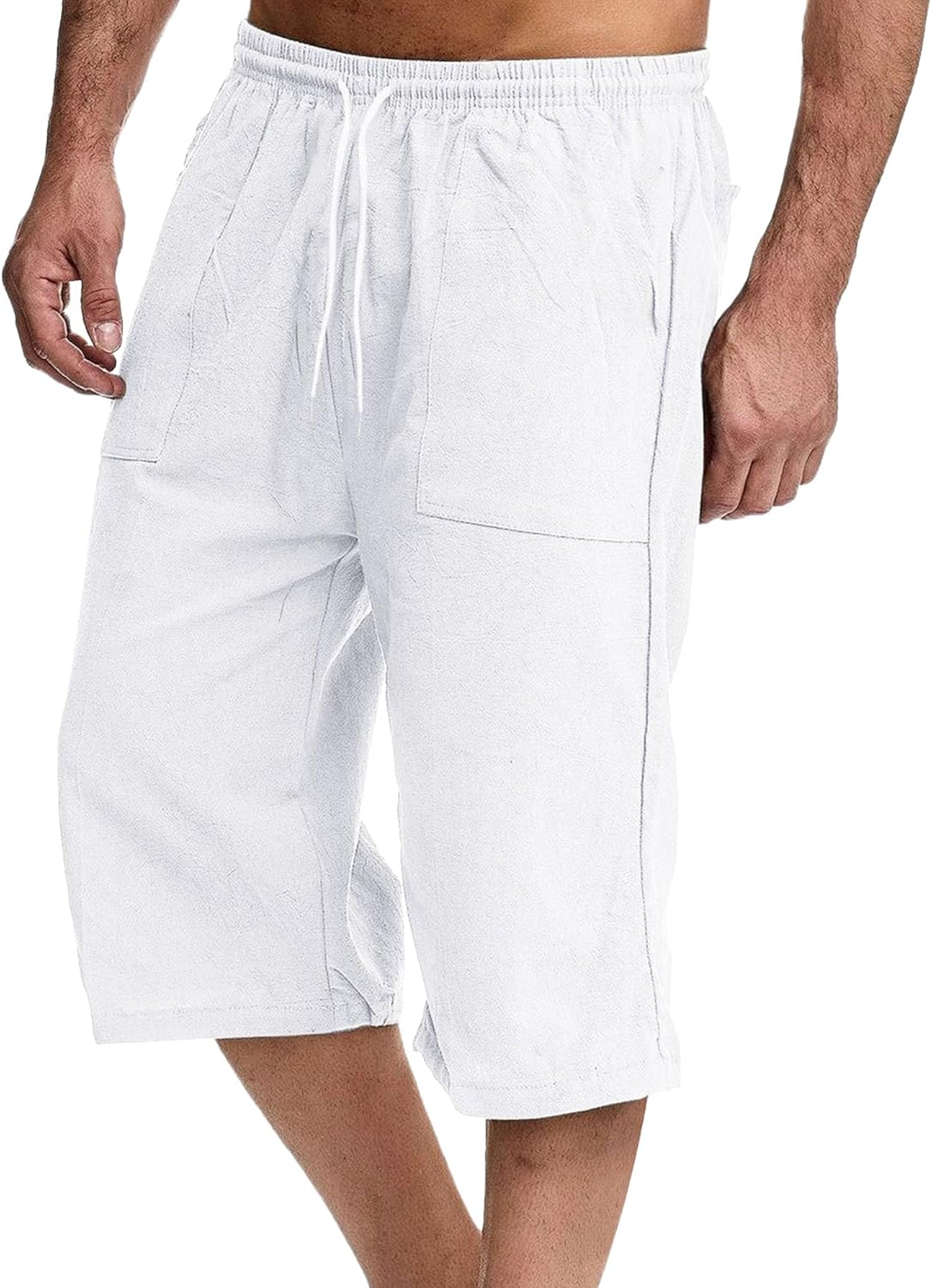 Men'S Long Cotton Linen Shorts Lightweight Classic Male Knee Length Drawstring Sport Men Lounge Capri Pant, White, Large image number 2