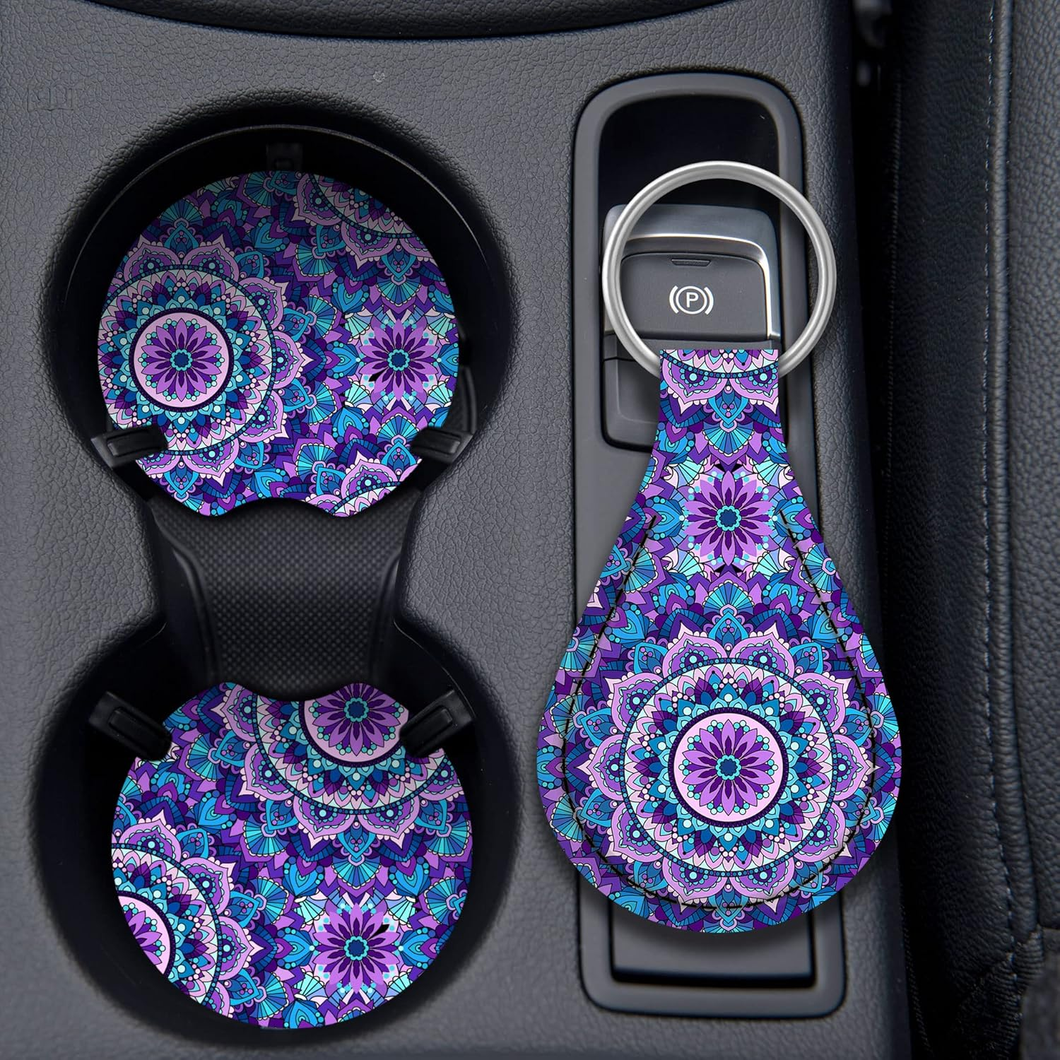 4 Pieces Mandala Purple Lotus Steering Wheel Cover Set with 2Pcs Car Cup Coasters & Quarter Keyring, Cute and Fashionable Non-Slip Purple Steering Wheel Cover, Universal Fit 14-15.5 Inches - Purple image number 5