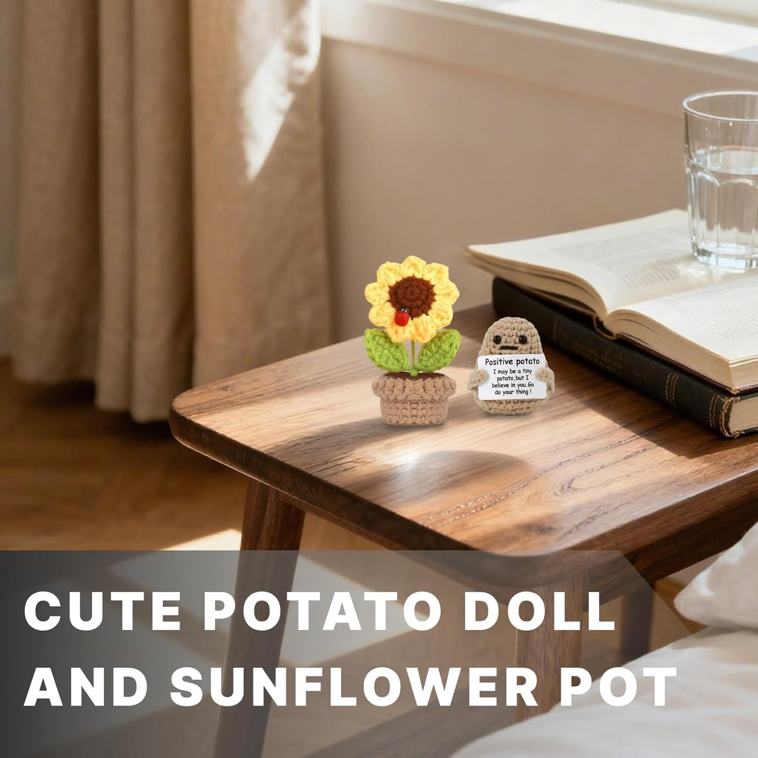 Positive Mini Potato Funny Gifts, 2PCS Emotional Support Sunflower Pot Desk Decoration, Crochet Birthday Gifts for Women, Best Friend, Unique Her, Positivity-Inspired Decor