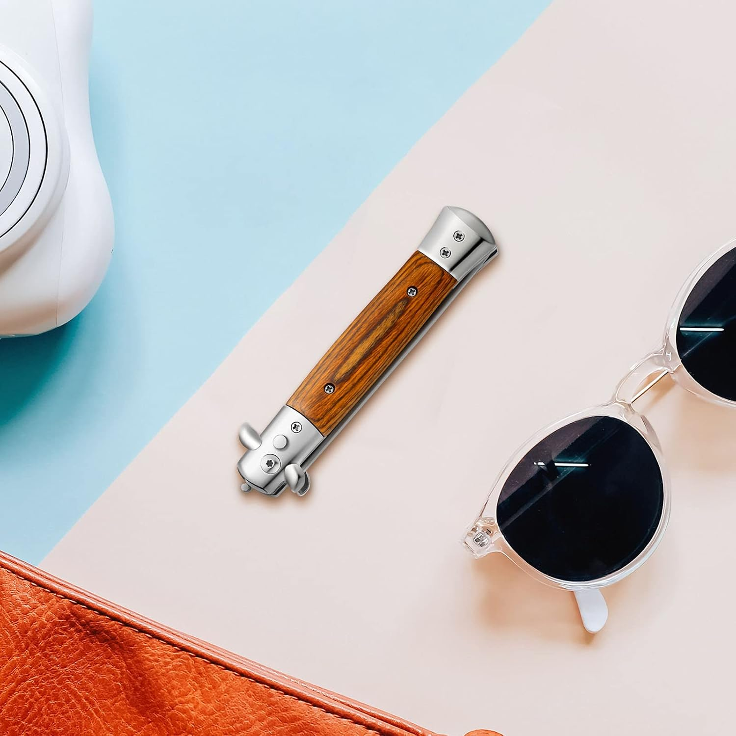 Chengu 2 Pieces Wood Grain Switchblade Blade Pocket Hair Brush Comb Automatic Push Button Brush and Folding Butterfly Stainless Steel Training Practice Comb Outdoor(Black) image number 2