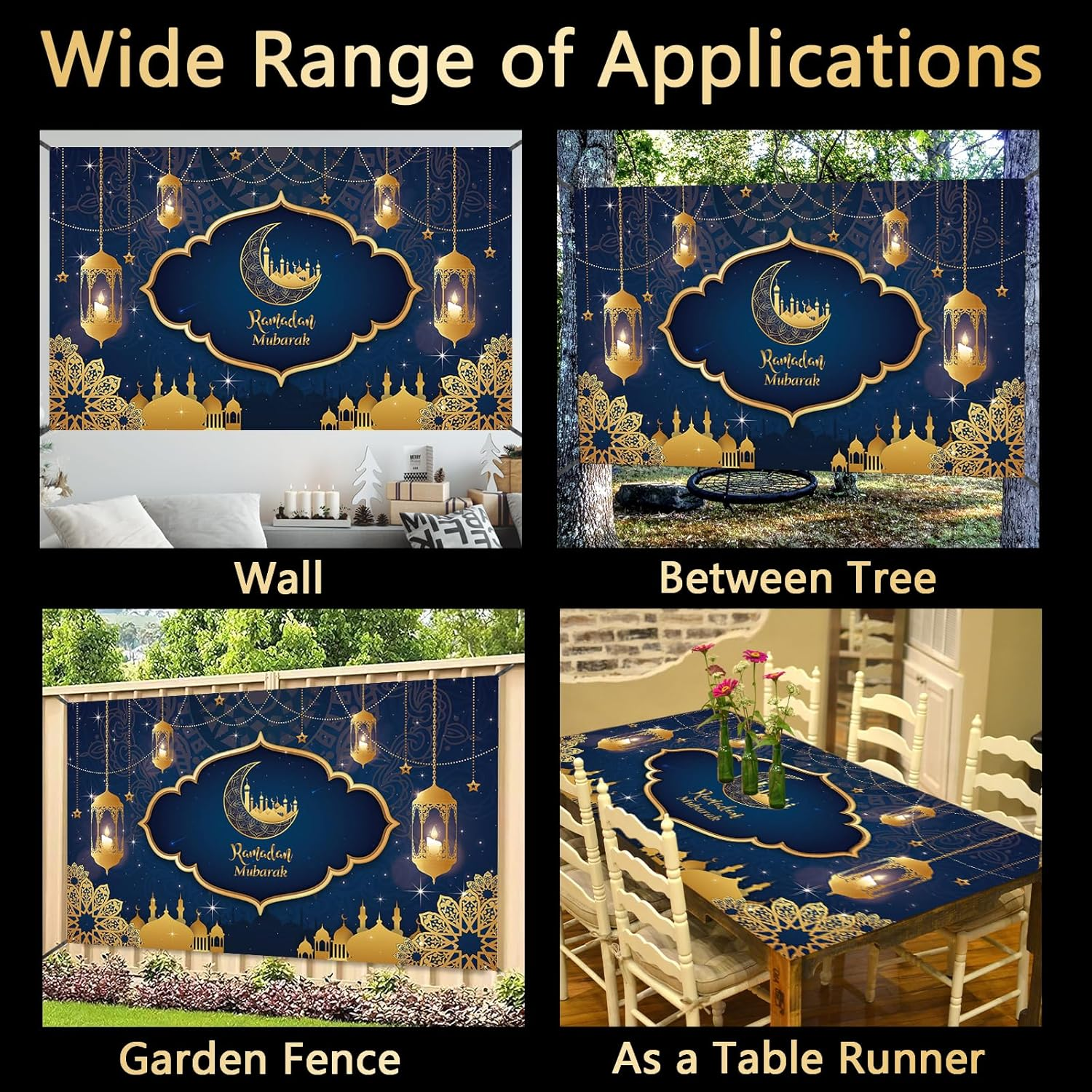 Ramadan Mubarak Banner 2025, Extra Large Fabric Eid Kareem Backdrop for Decorations, 72 X 44 Inch Star Moon Lanterns Castles Photo Booth Background for Islamic Muslim Al-Fitr Party Supplies